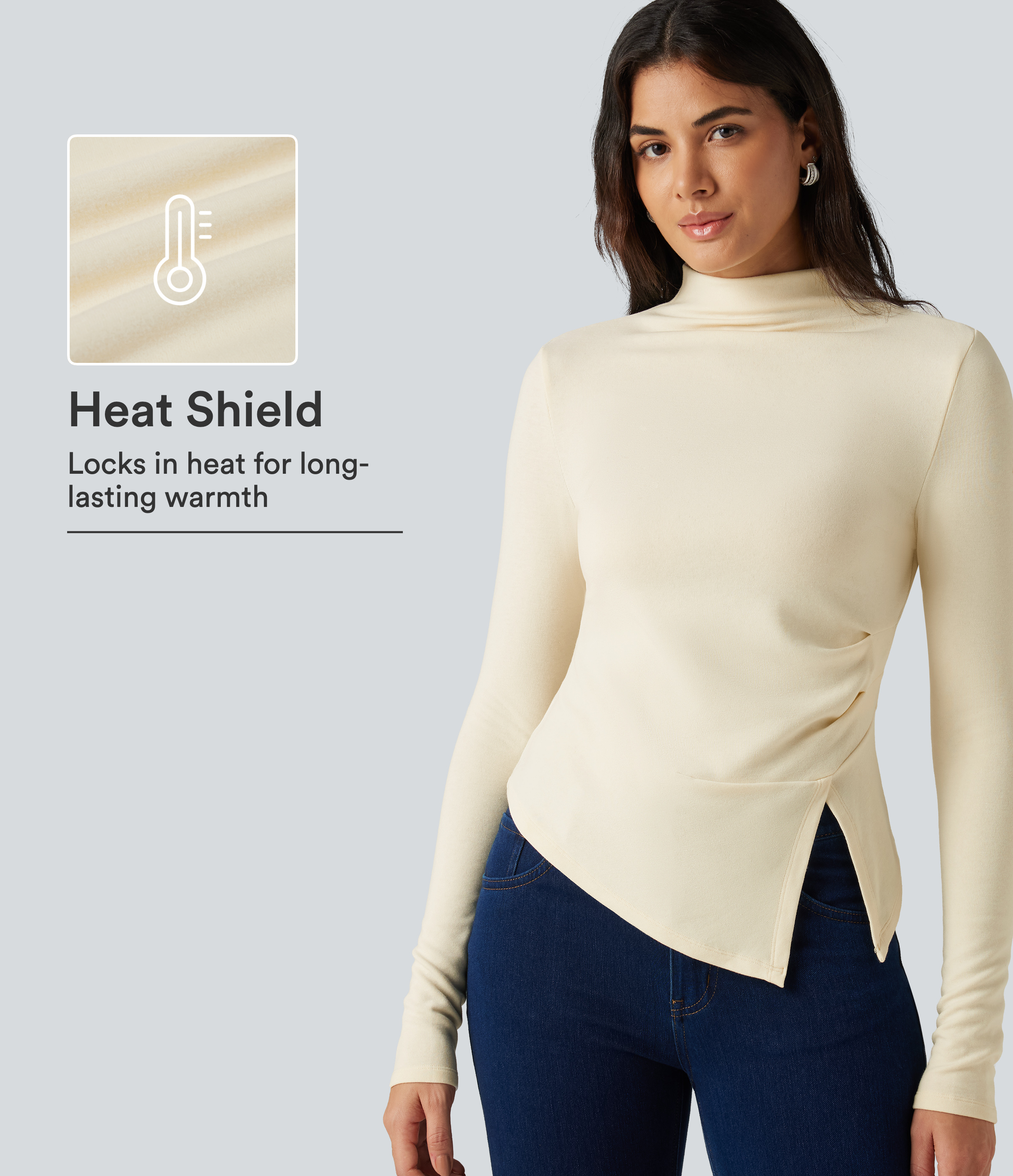 Mock Neck Long Sleeve Asymmetric Hem Thermal Casual T-Shirt