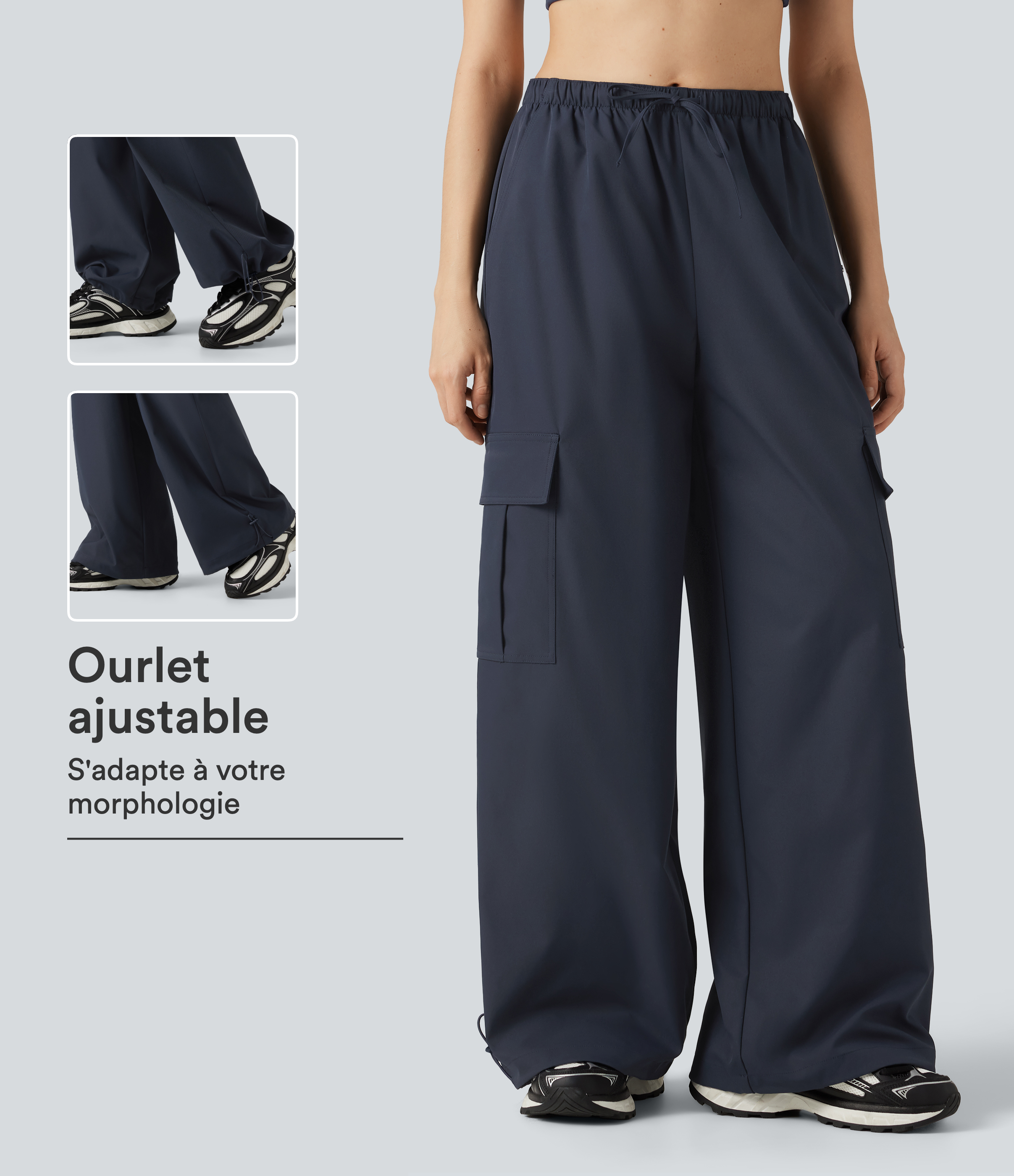 Pantalon cargo baggy taille mi-haute déperlant et résistant à l’usure avec cordon de serrage et poches