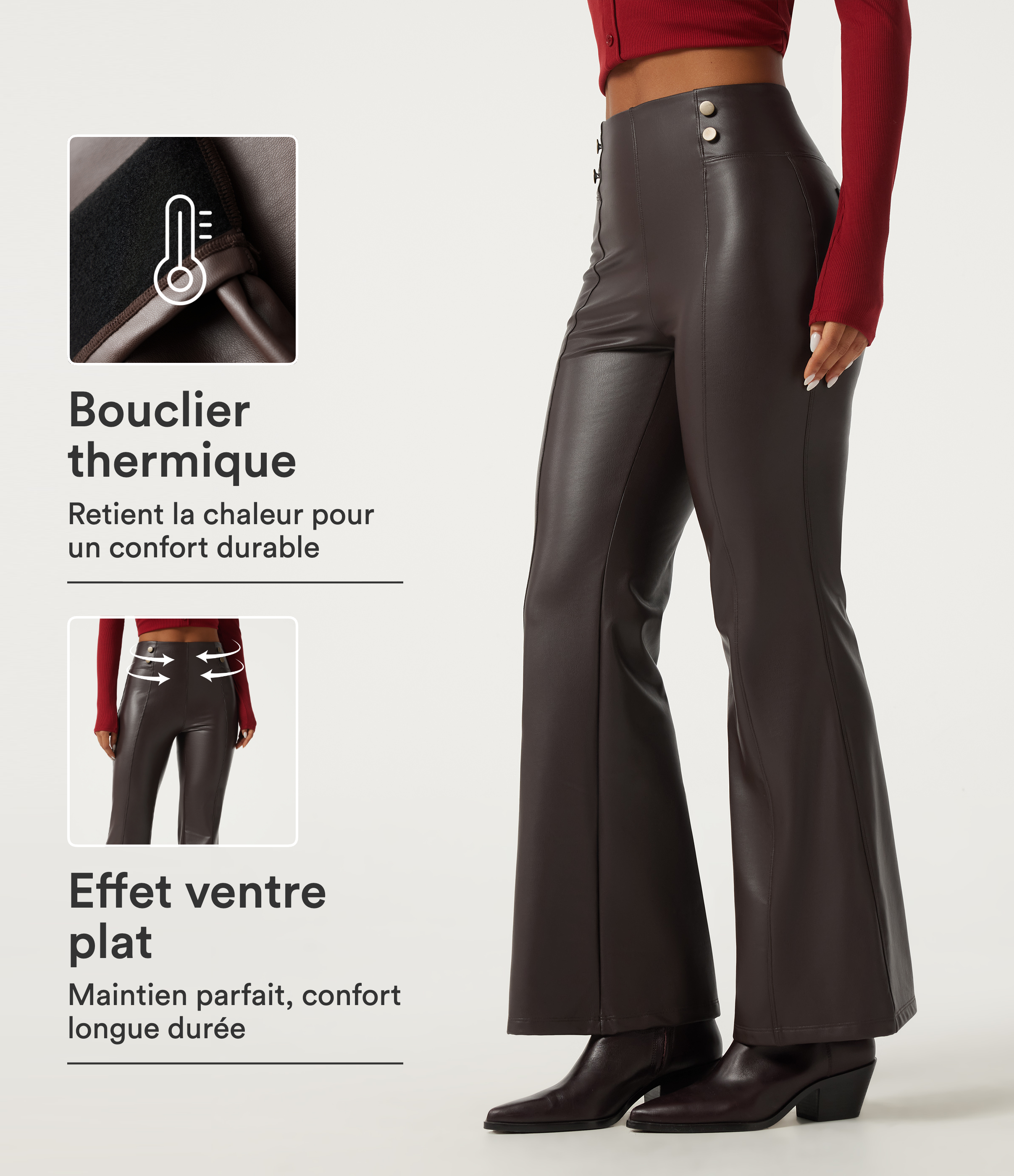 Legging flare gainant taille haute en simili stretch doublé polaire avec poches