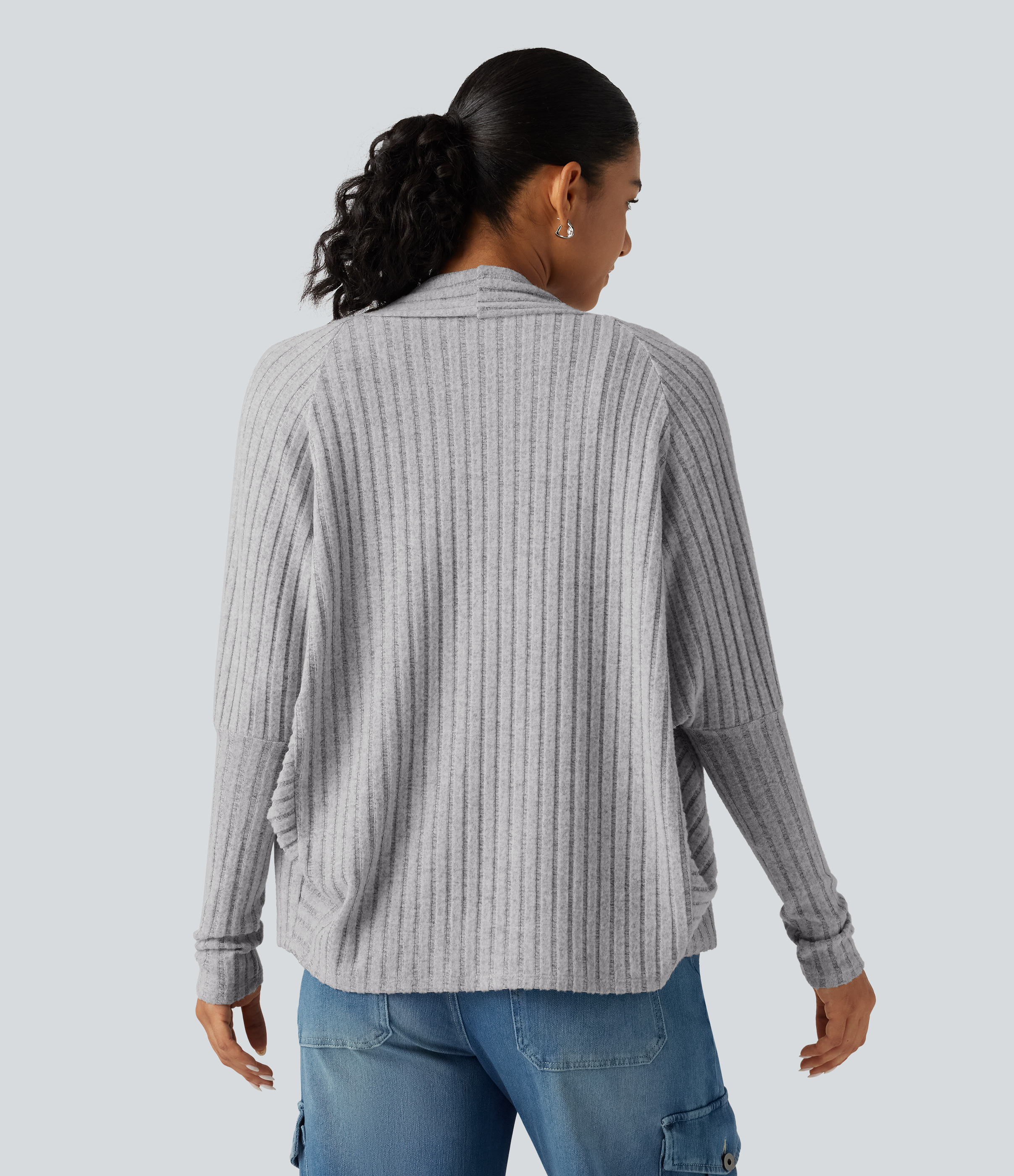 Frosted Slate Lässige Strickjacke aus geripptem Strick mit langen Fledermausärmeln und offener Vorderseite / 2