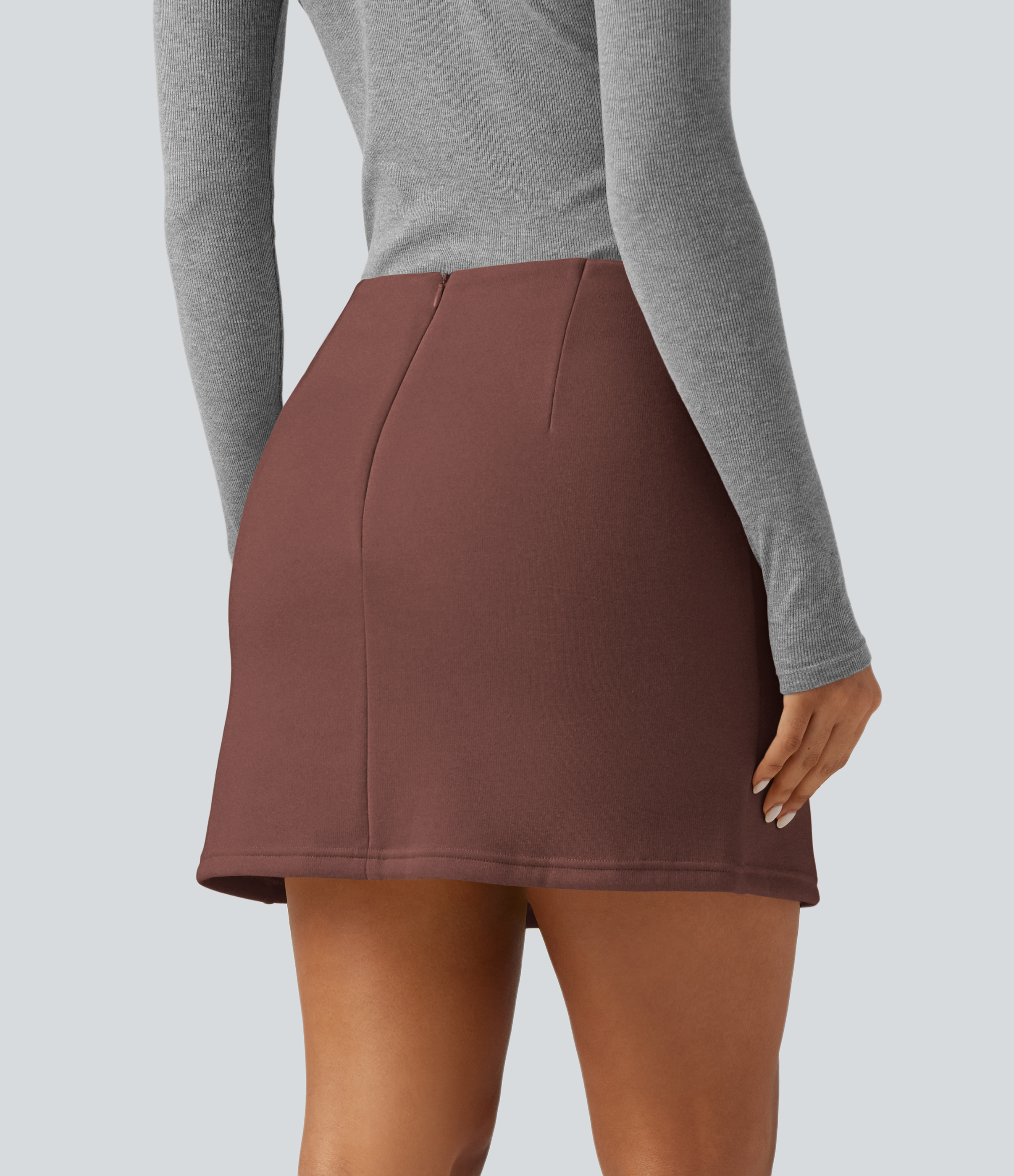 Brown Stone Mini-jupe taille haute 2-en-1, coupe A, style décontracté, avec poches / 2