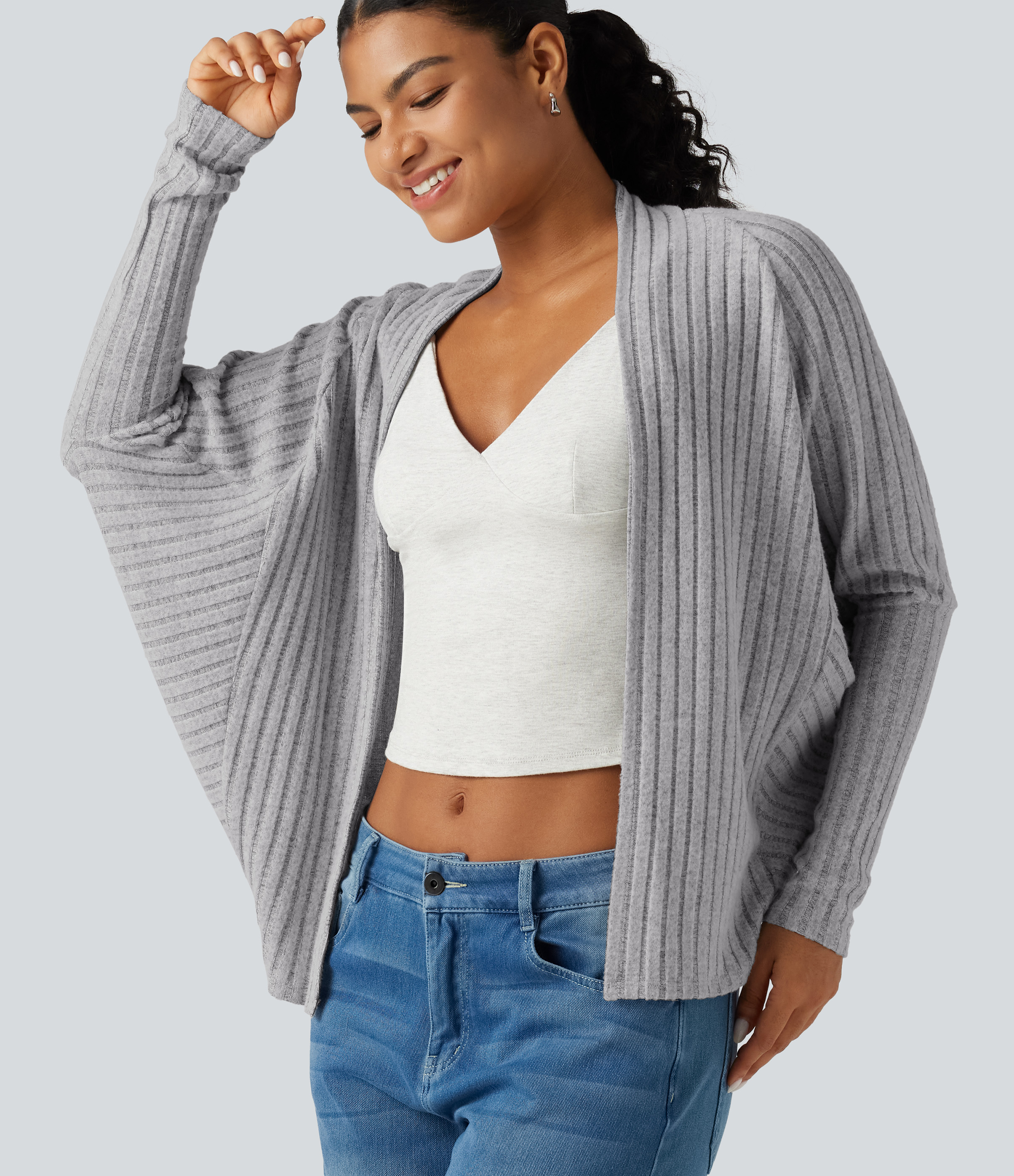 Cardigan ouvert en maille côtelée à manches longues chauve-souris
