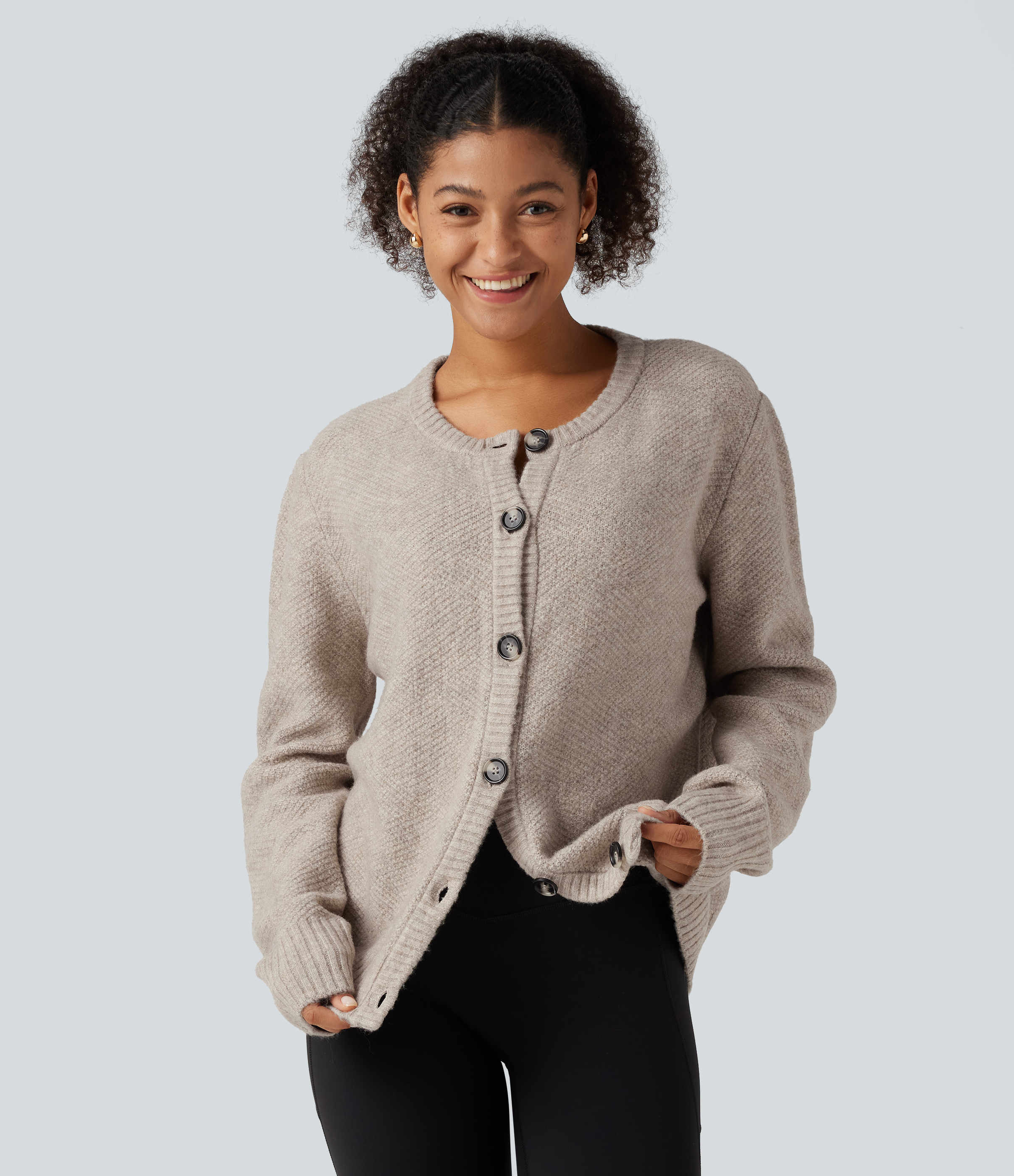 Round Neck Long Sleeve Button Fly Work Sweater