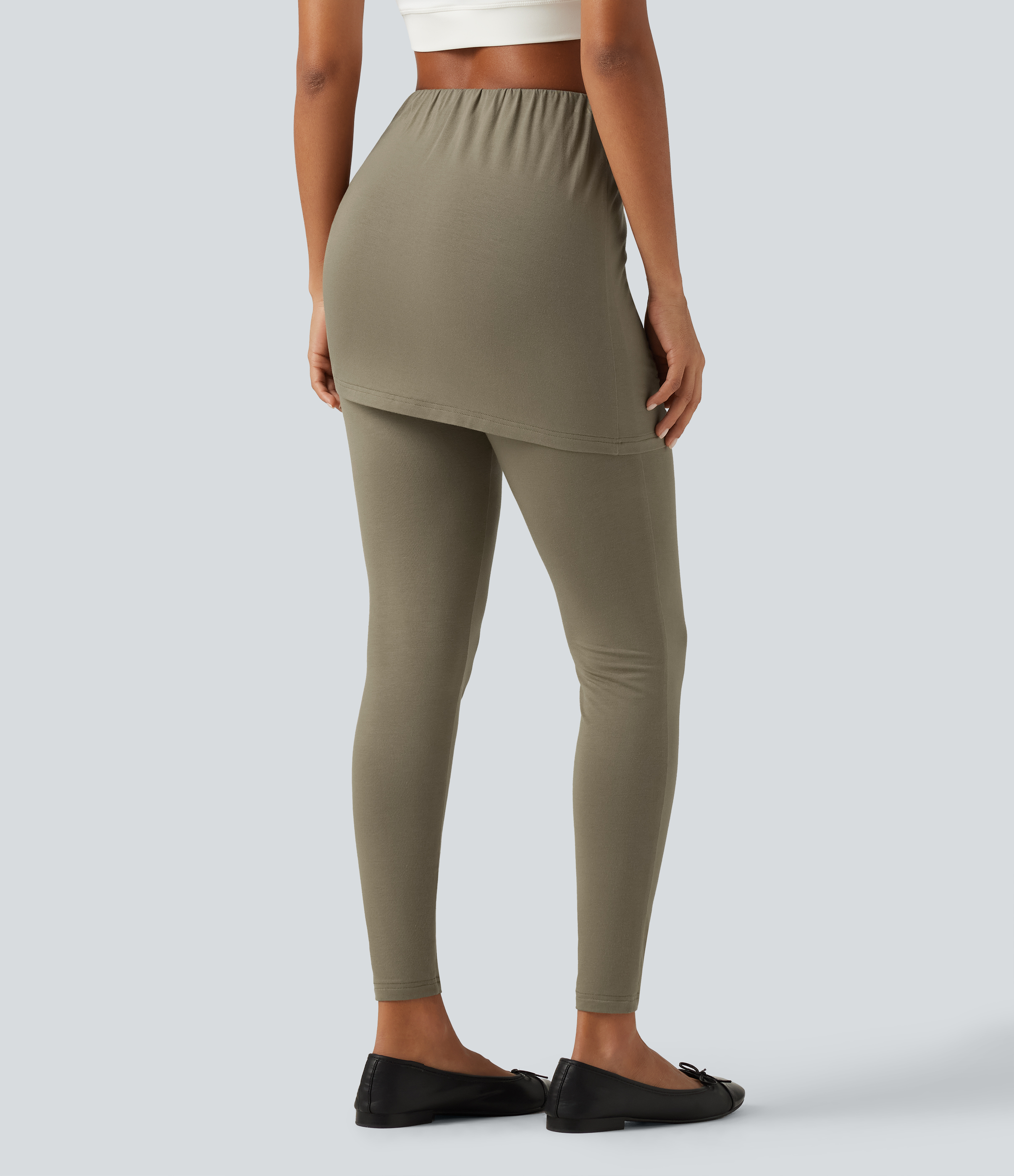 Dusky Green Lässige Leggings mit angenähtem Rock, hoher Taille, seitlicher Bindung mit Raffung und Tasche / 2