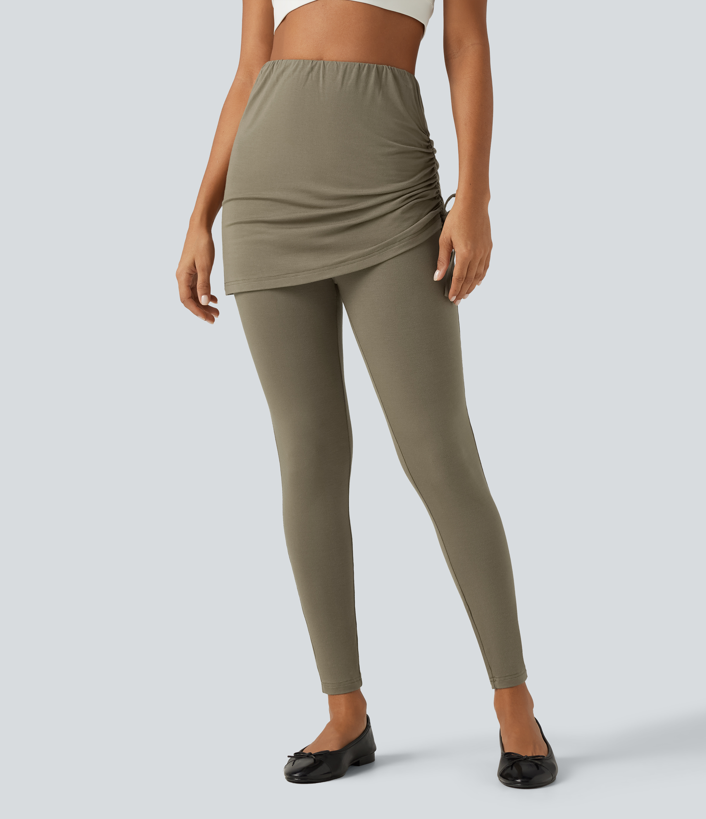 High Waisted Tie Side Ruched Casual Skirted Leggings with Pocket