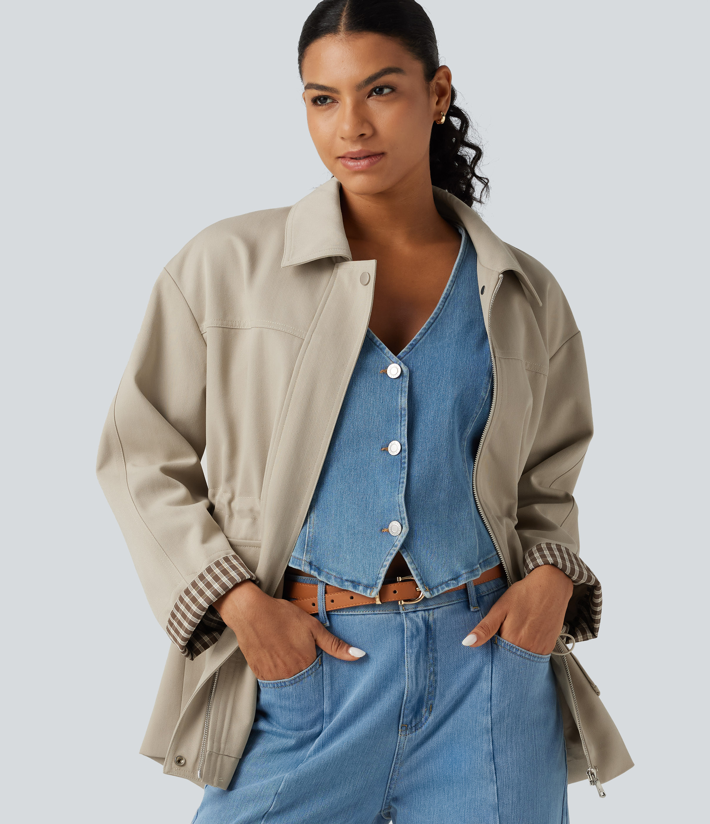 Long Sleeve Adjustable Drawcord Work Jacket with Pockets