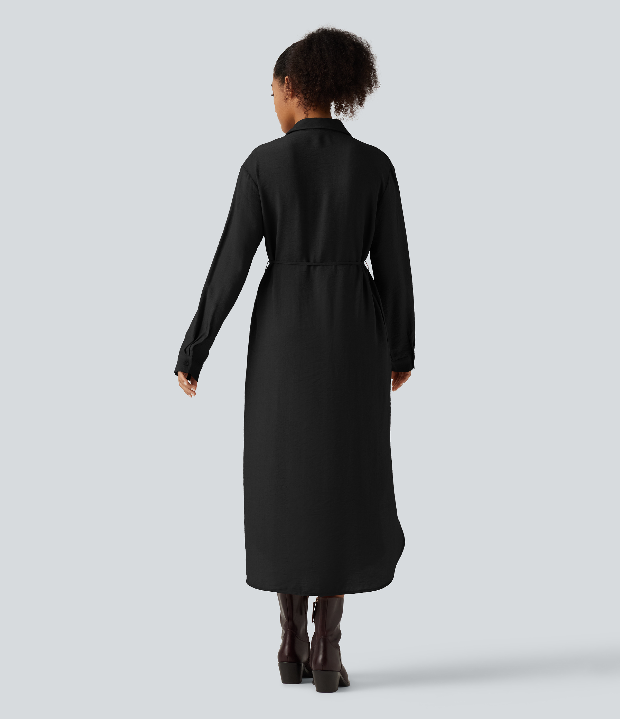 Black Robe-chemise midi à col, manches longues, ceinture et ourlet arrondi fendu avec poches / 2