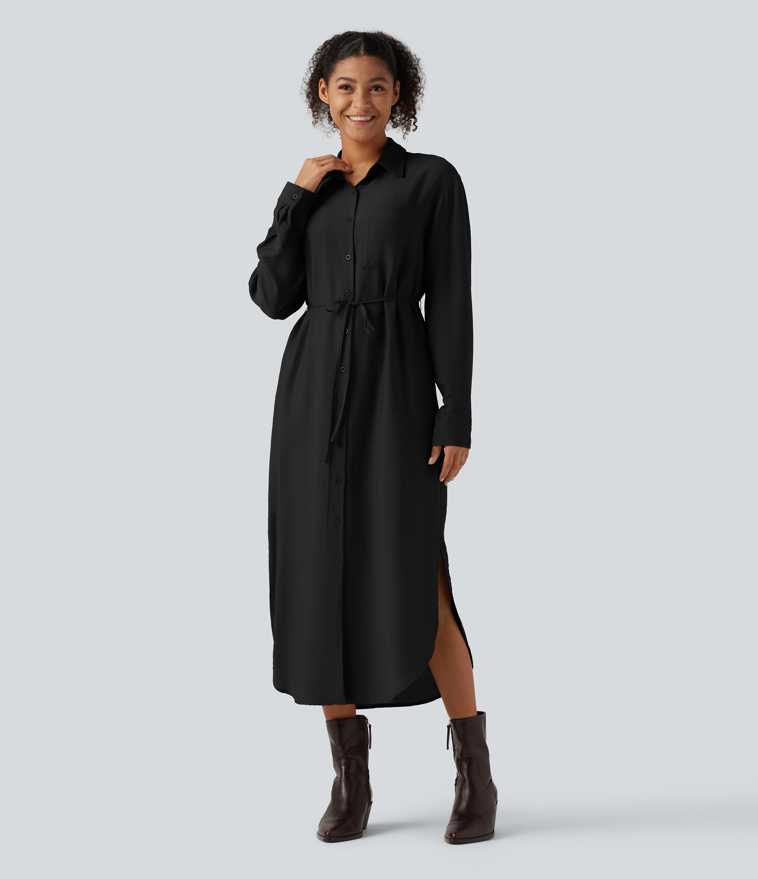 Robe-chemise midi à col, manches longues, ceinture et ourlet arrondi fendu avec poches