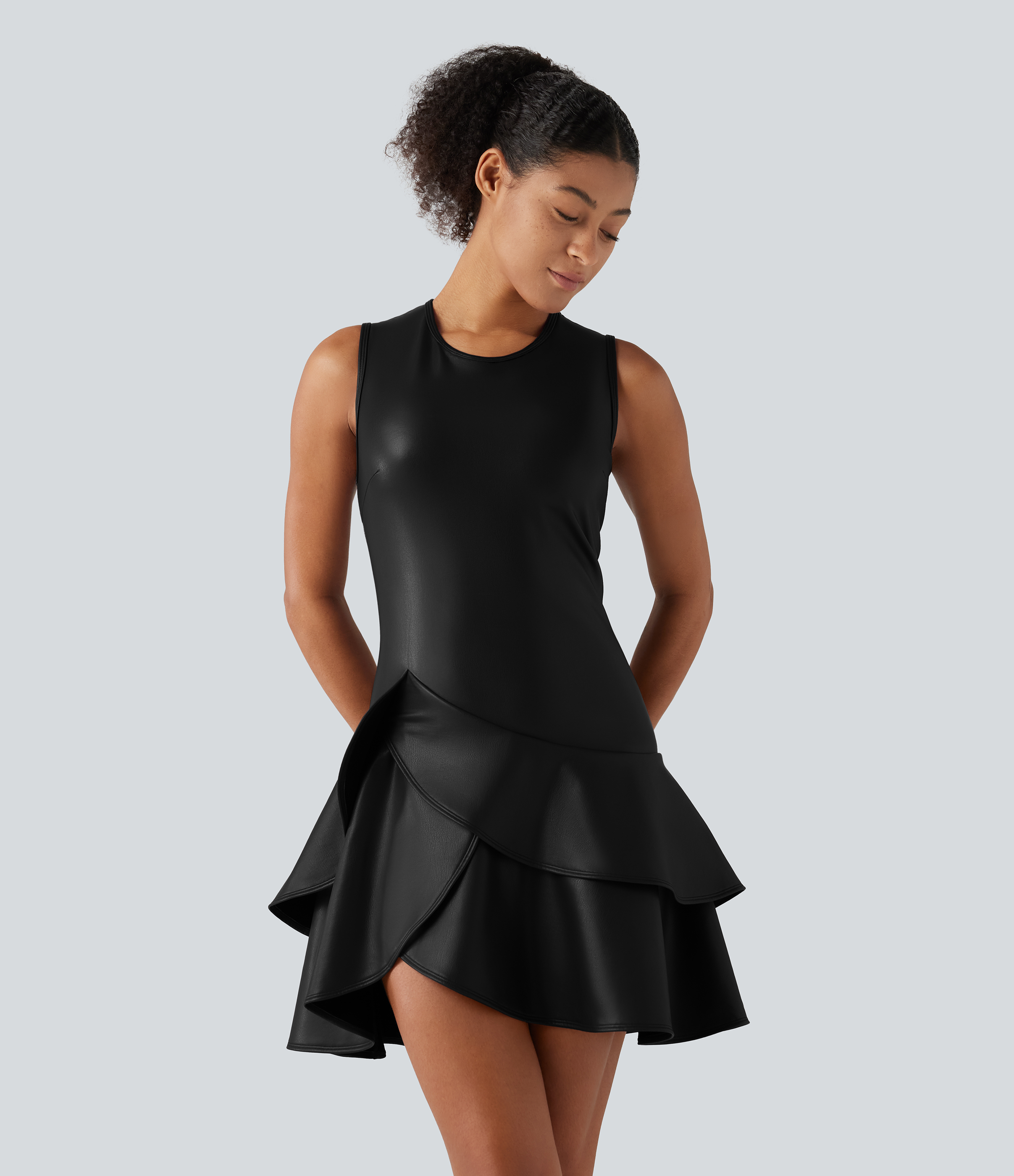 Round Neck Sleeveless Asymmetric Ruffle Hem A Line Mini Fleece Casual PU Leather Dress