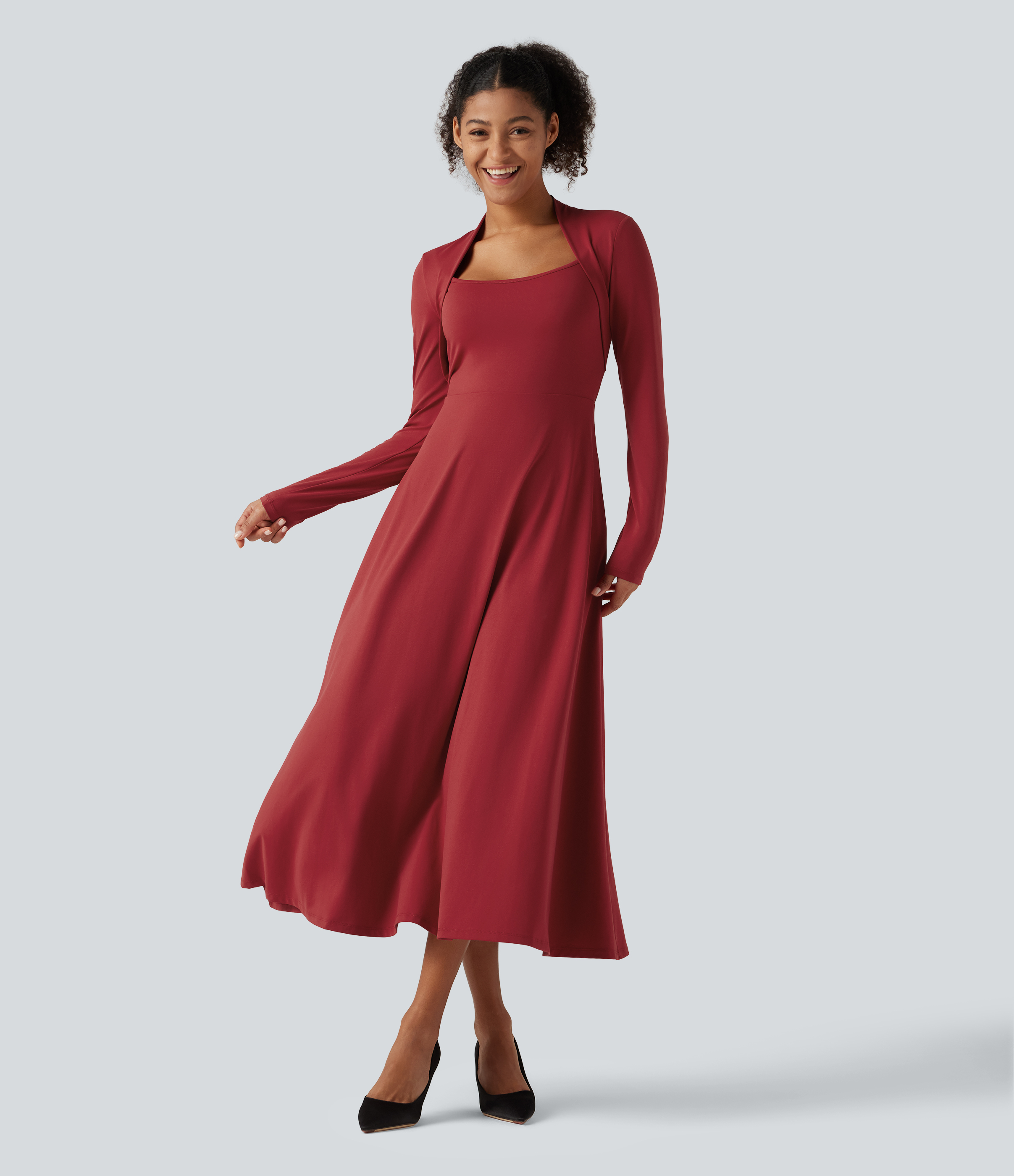 Queen Anne Neck Long Sleeve A-Line Party Midi Dress with Pockets