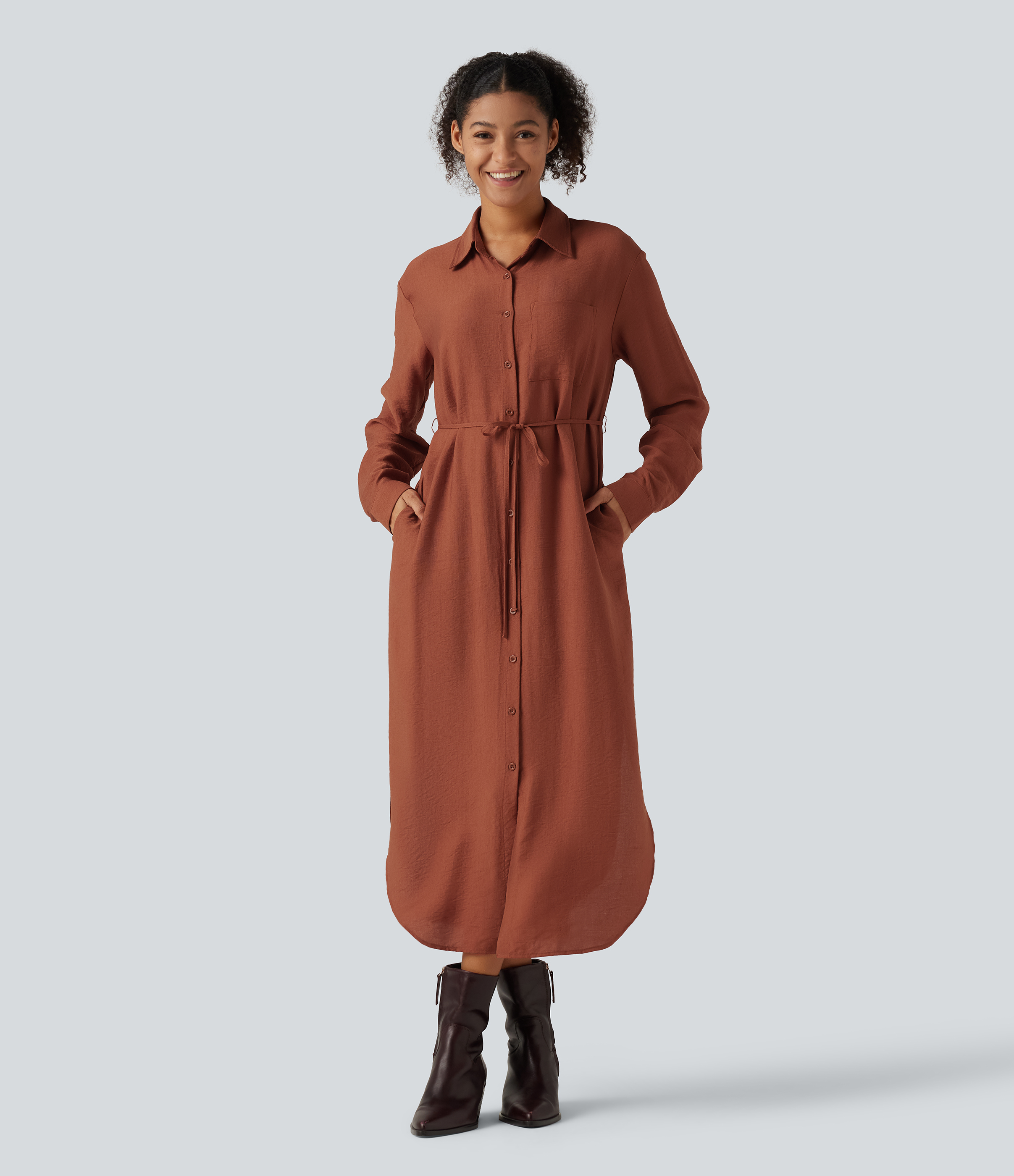 Collar Long Sleeve Belted Curved Split Hem Midi Casual Shirt Dress with Pockets
