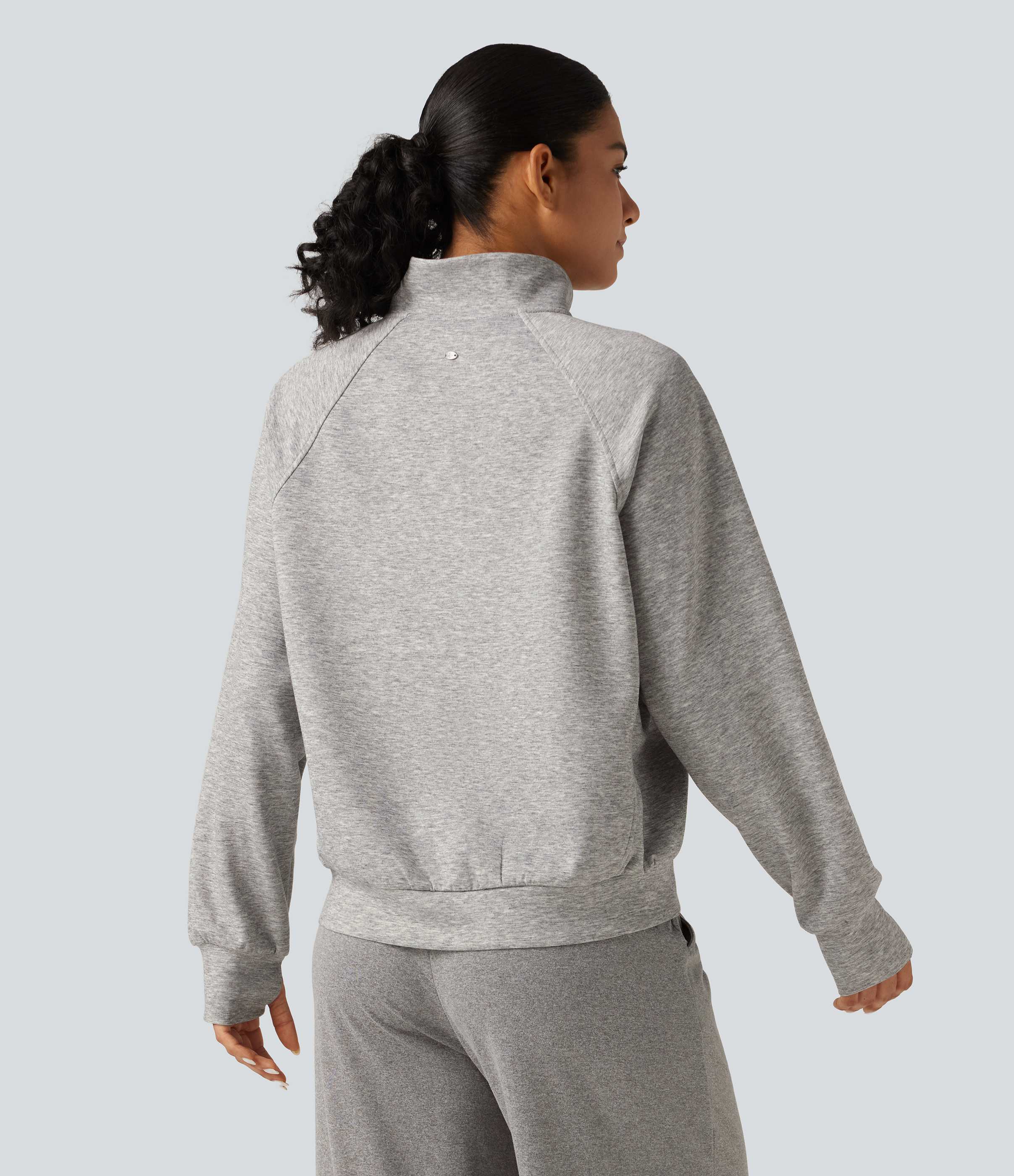 Fog Gray High Neck 2-Way Zipper Long Sleeve Thumb Hole Casual Jacket with Pockets / 2