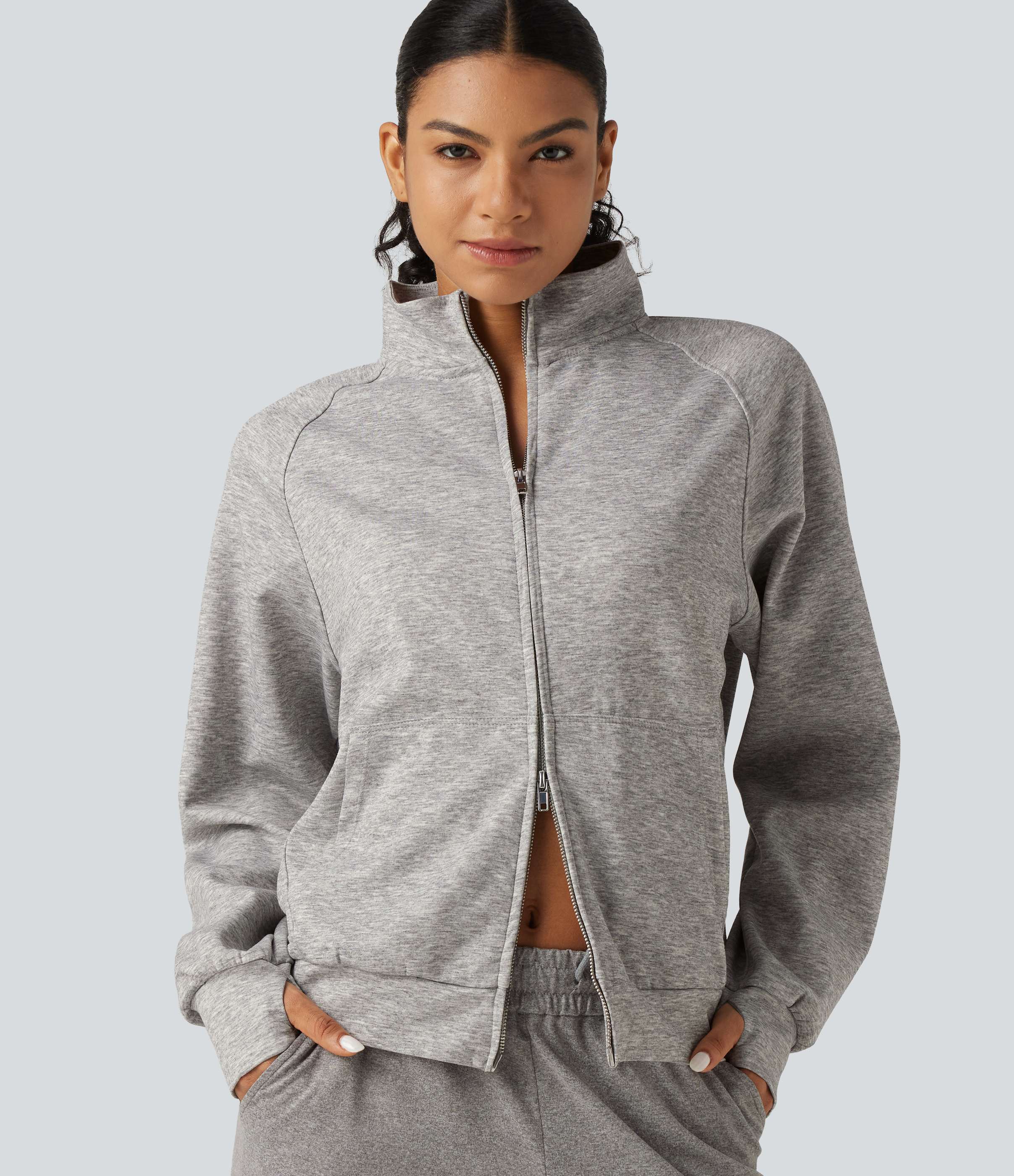 High Neck 2-Way Zipper Long Sleeve Thumb Hole Casual Jacket with Pockets