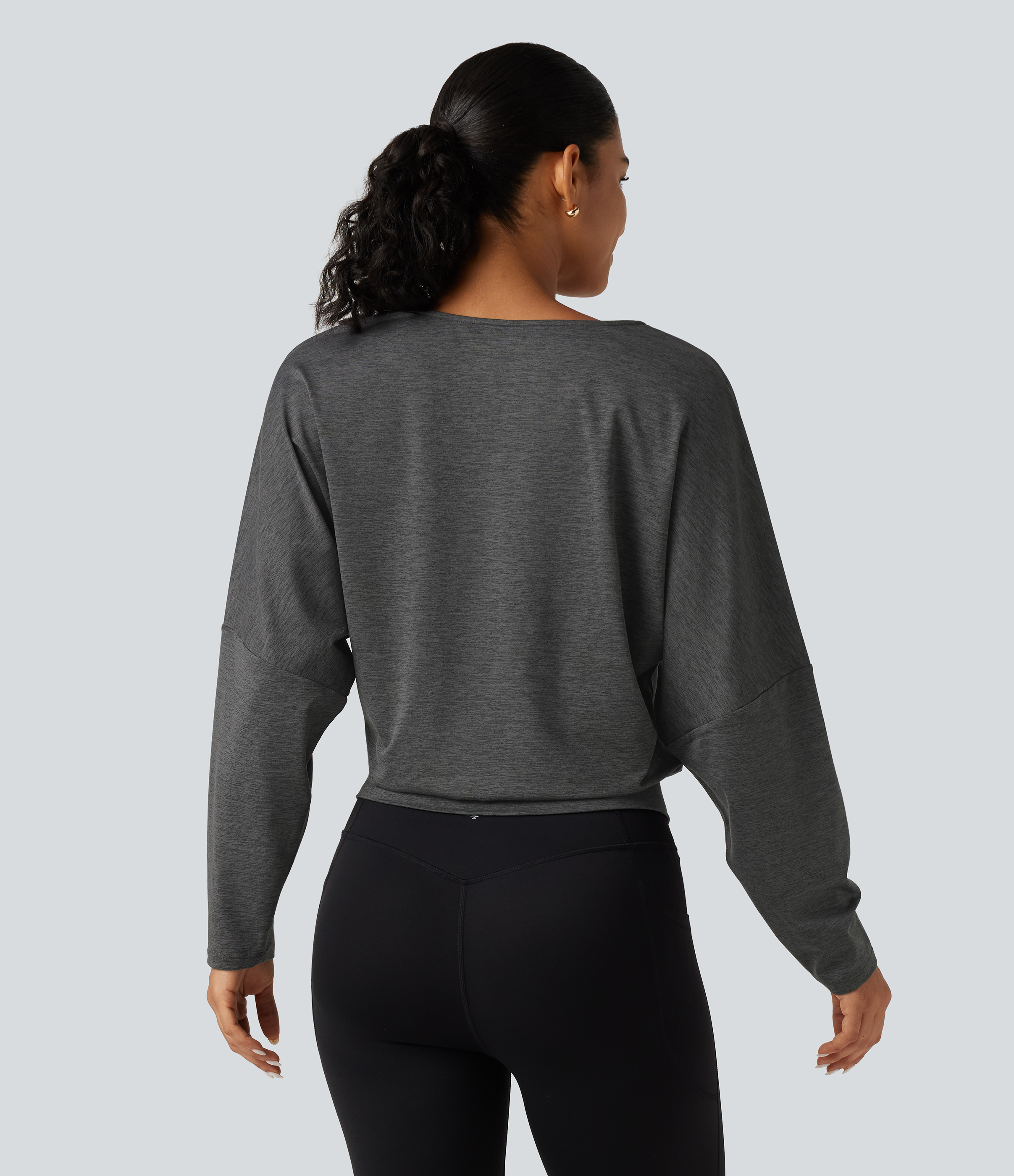 Dusky Charcoal Deep V Neck Dropped Long Sleeve Yoga Sports Top / 2