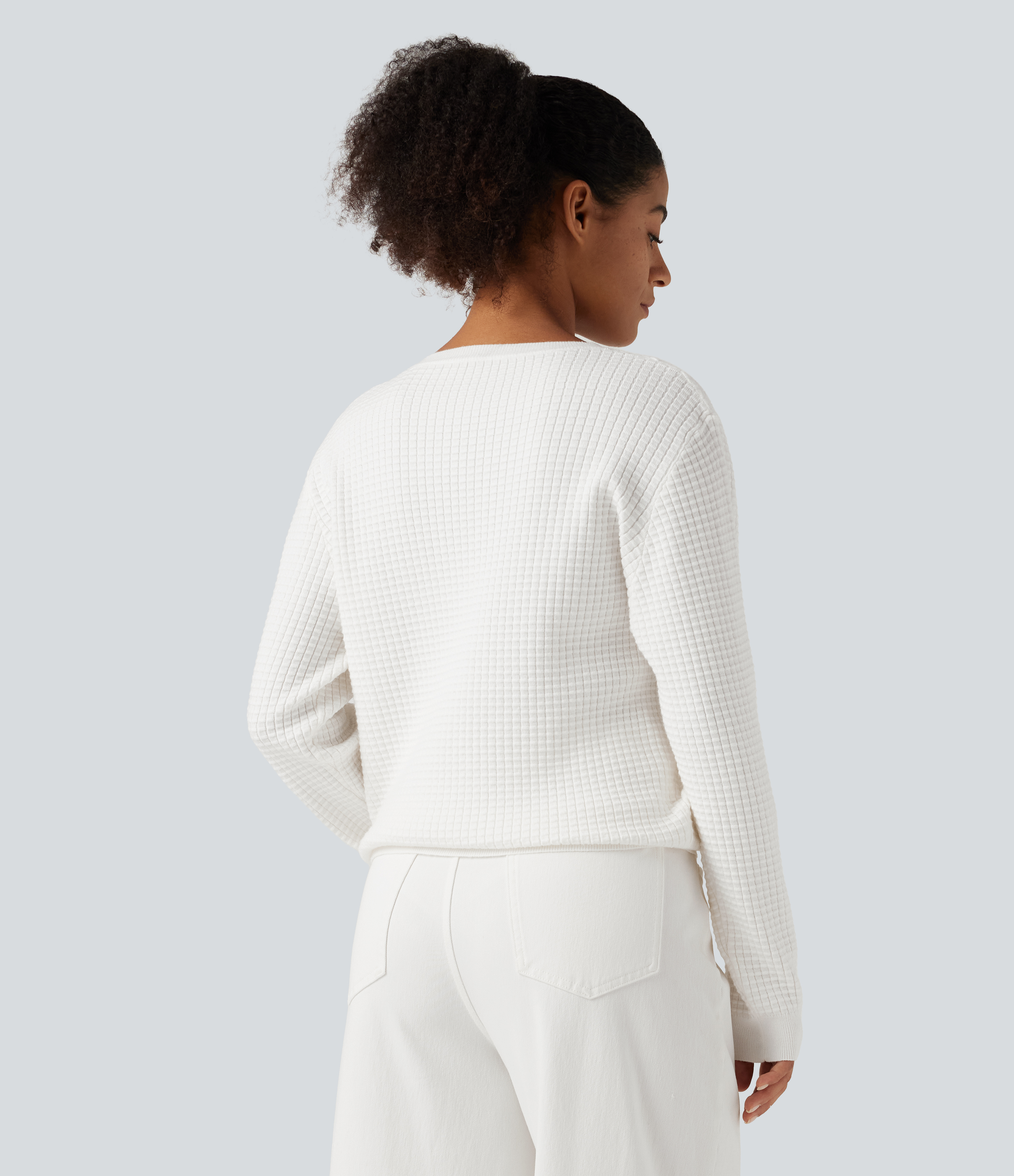 Jasmine White Round Neck Long Sleeve Waffle Casual Sweater / 2