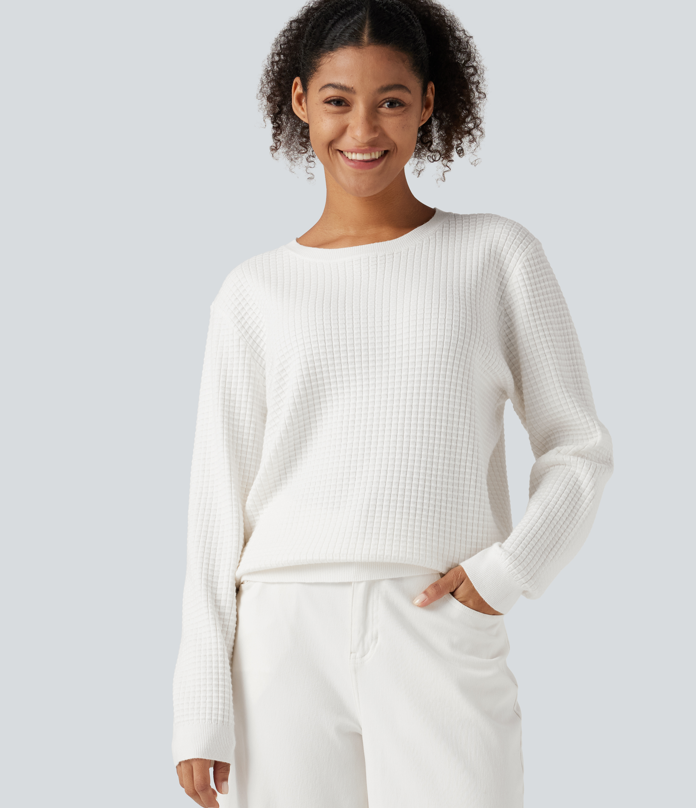 Round Neck Long Sleeve Waffle Casual Sweater
