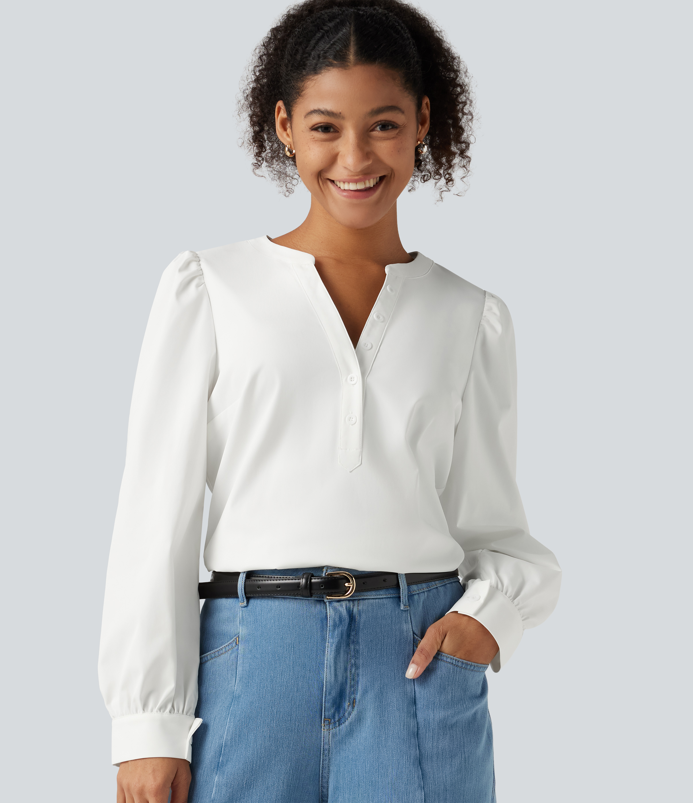 Lässige Bluse mit Henley-Ausschnitt und langen Puffärmeln