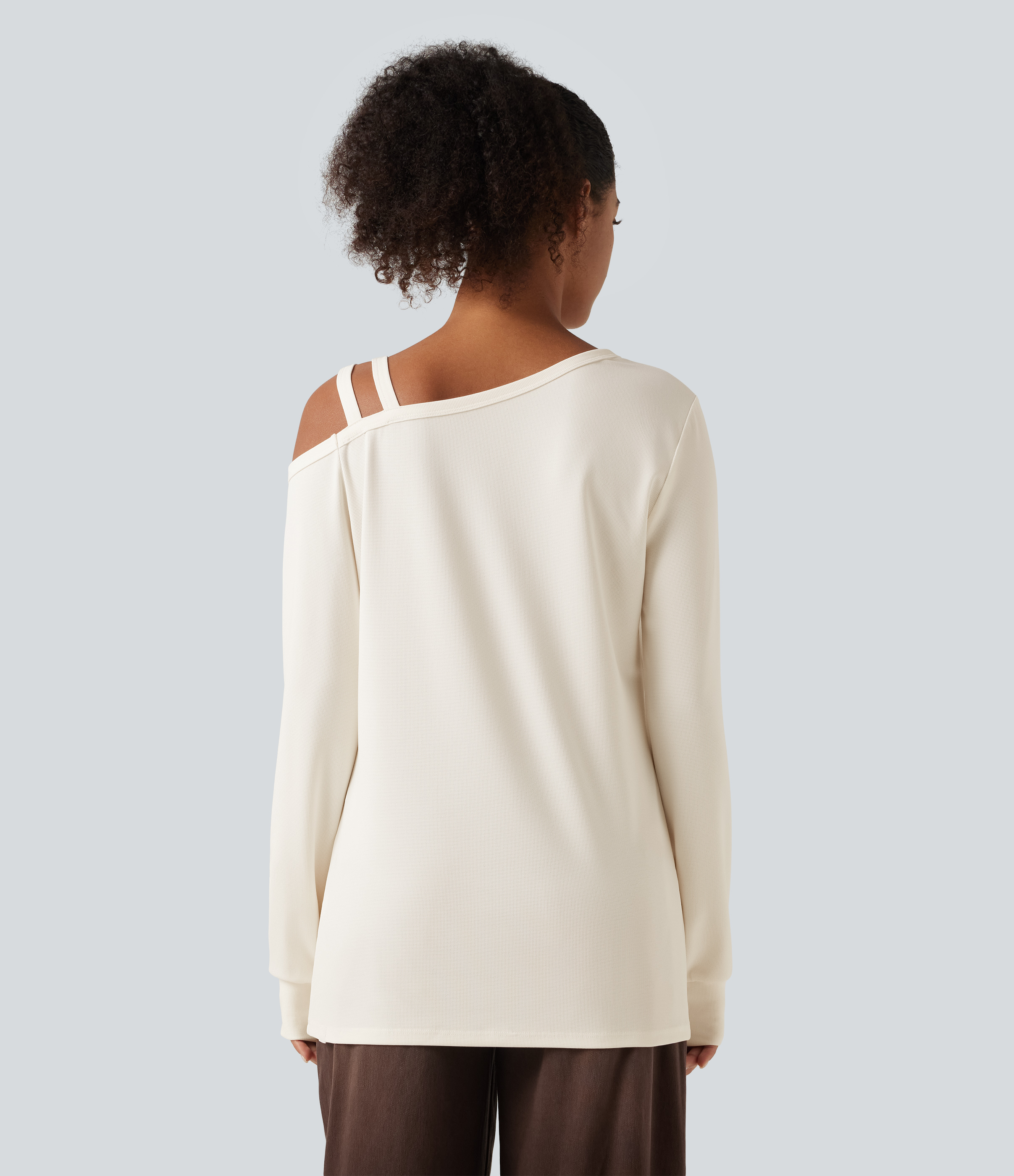 Egret One Shoulder Long Sleeve Crossover Waffle Casual Top / 2