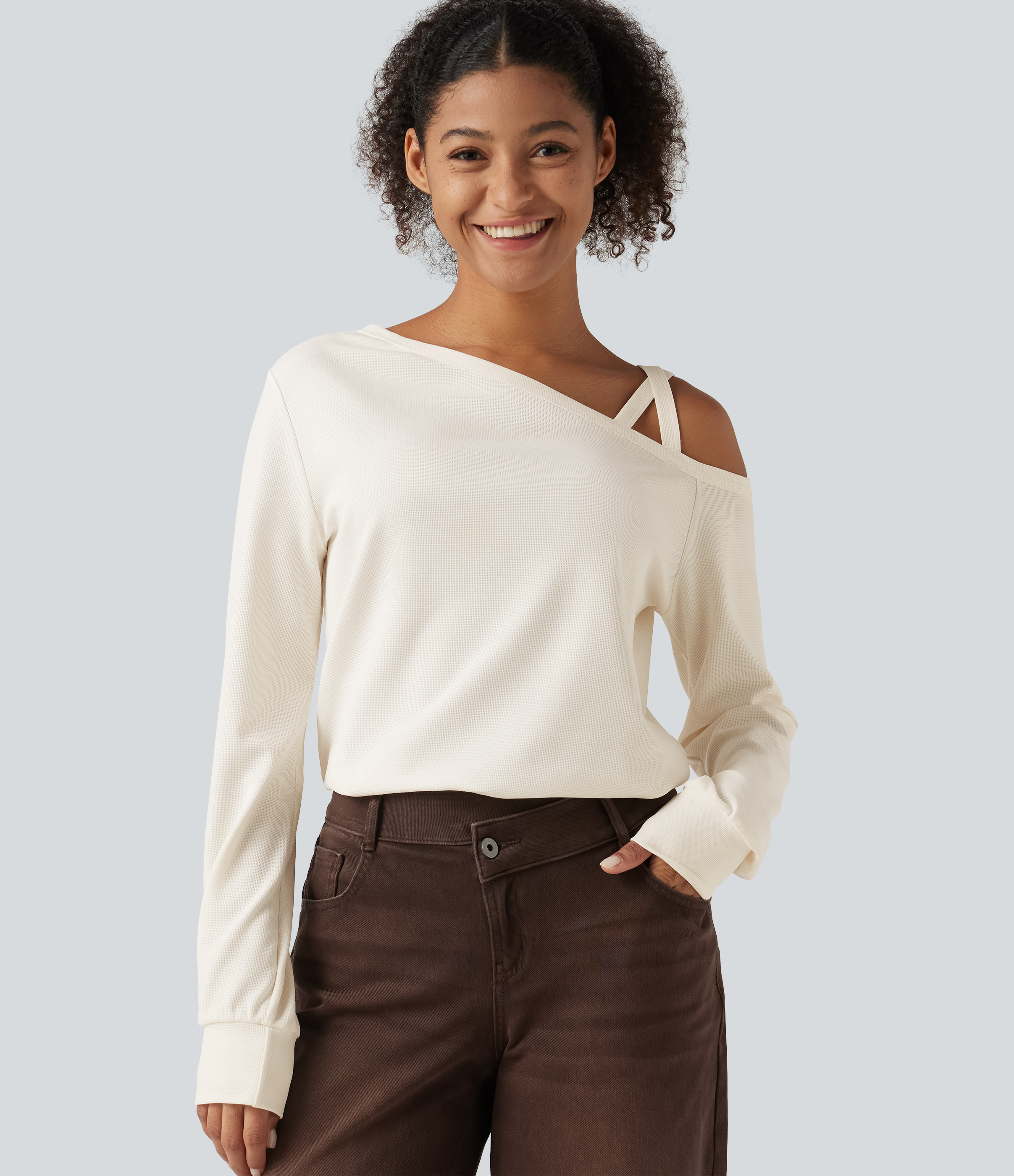 One Shoulder Long Sleeve Crossover Waffle Casual Top