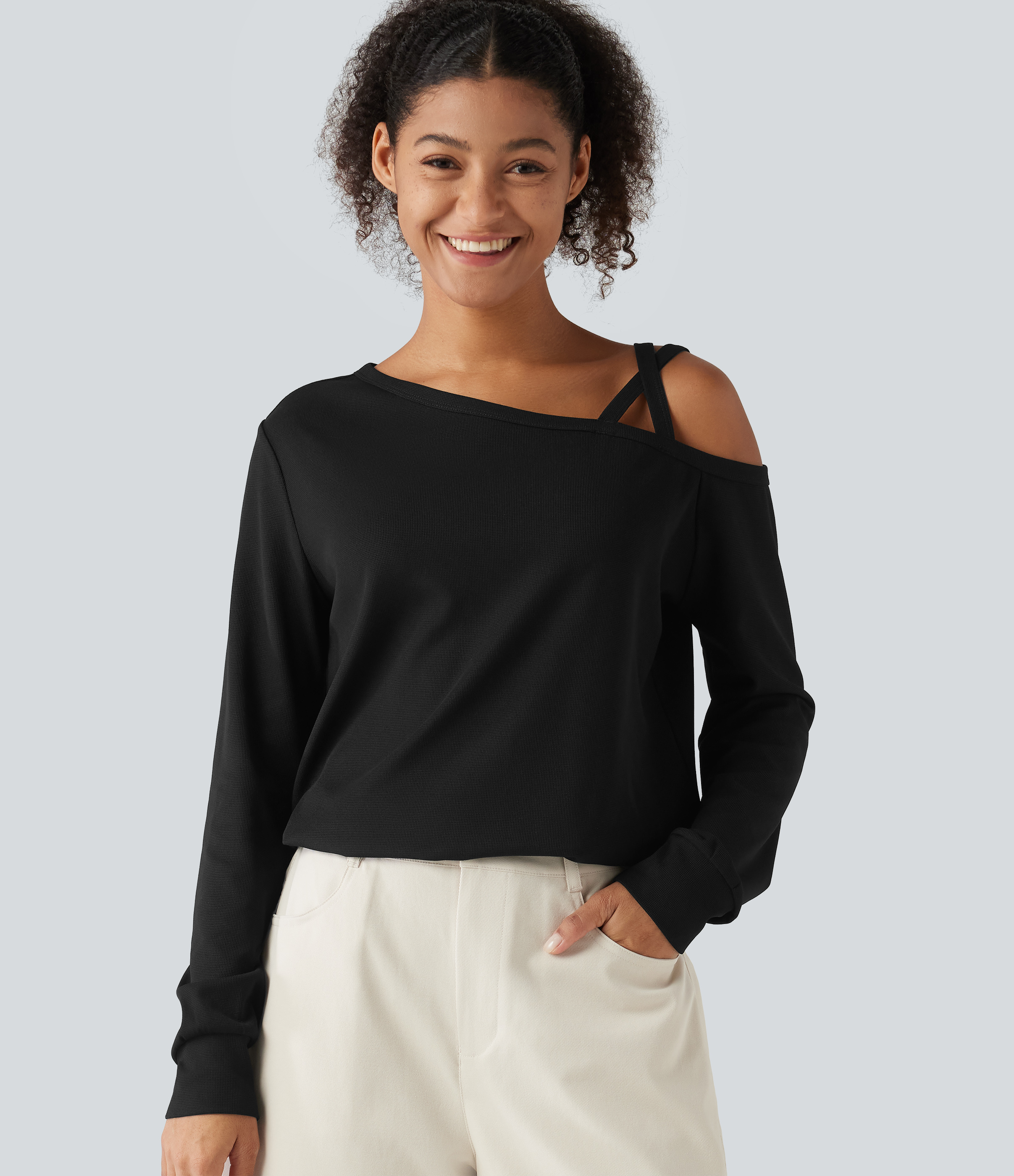 Haut gaufré asymétrique une épaule à manches longues et design croisé