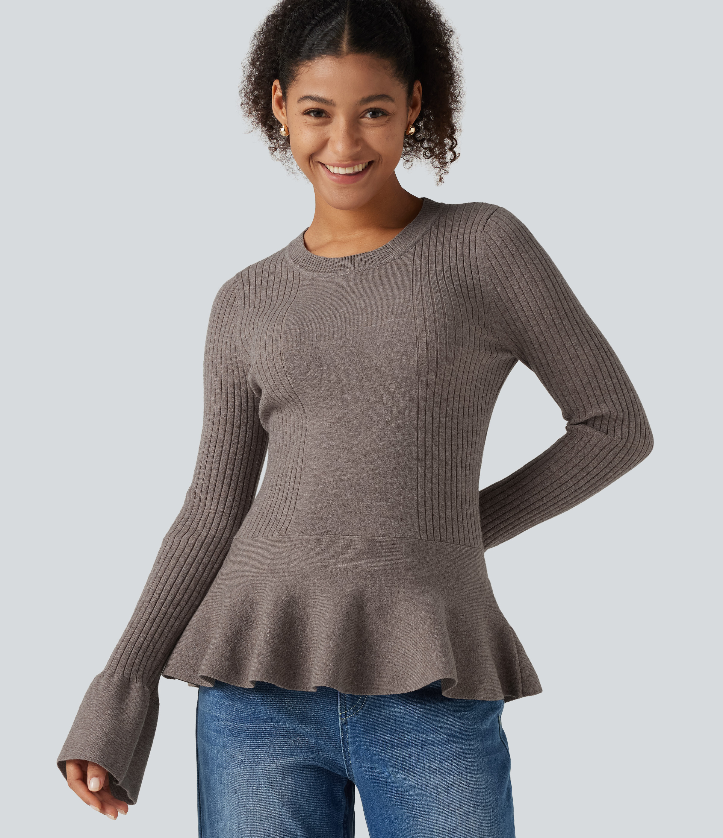 Round Neck Long Sleeve Ruffle Hem Slim Work Sweater
