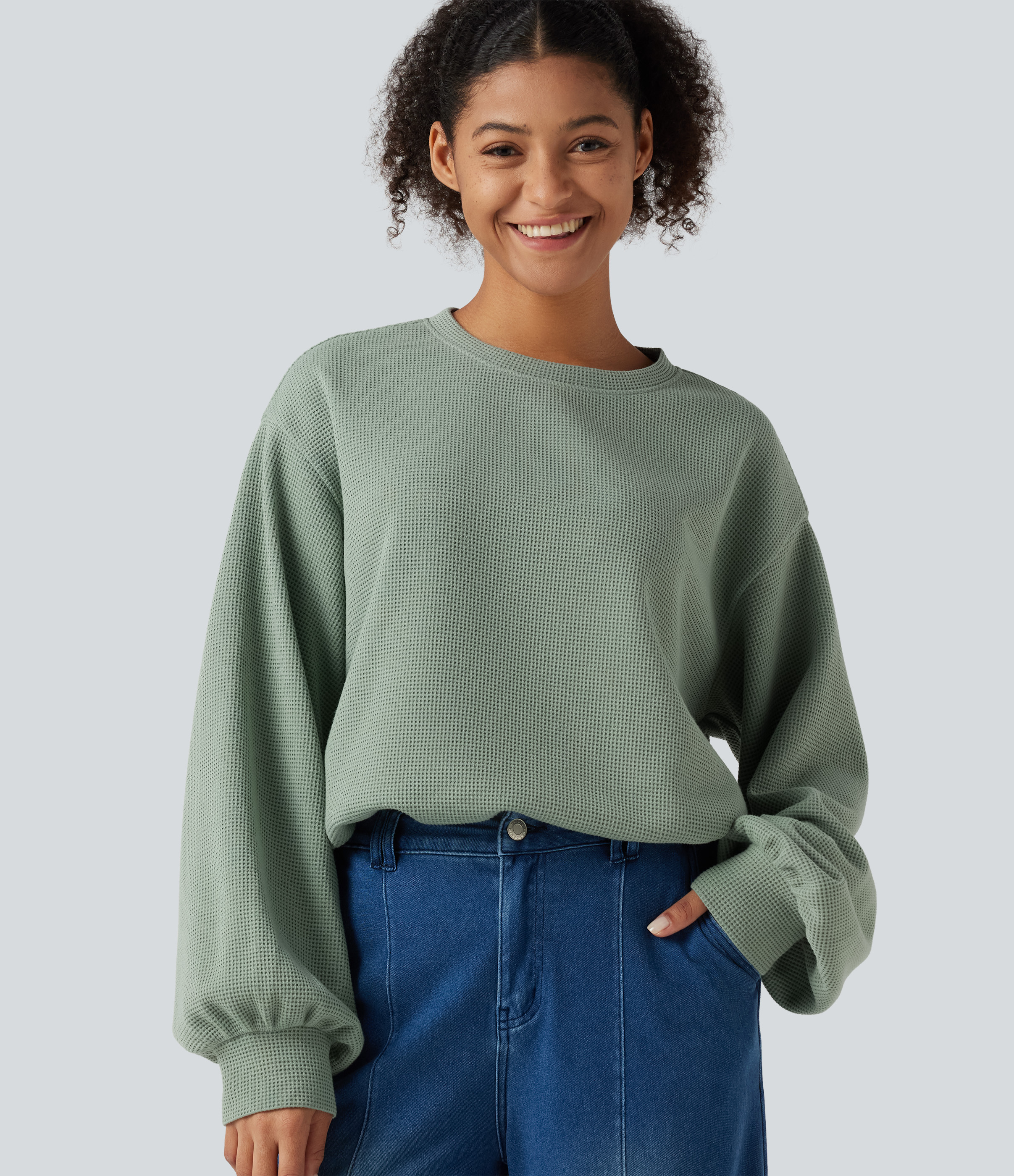 Round Neck Dropped Puff Long Sleeve Waffle Casual Top