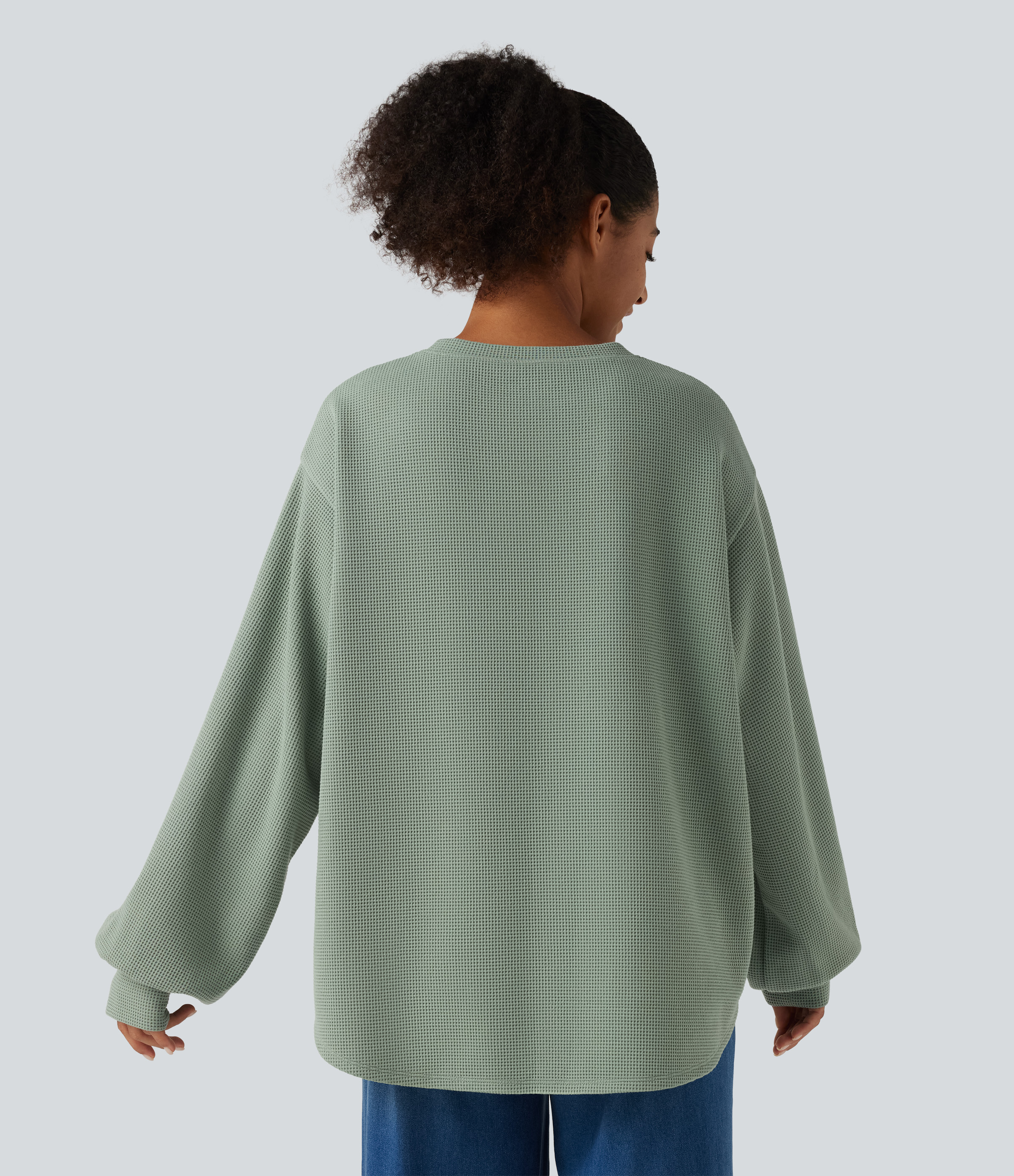 Delicate Green Round Neck Dropped Puff Long Sleeve Waffle Casual Top / 2