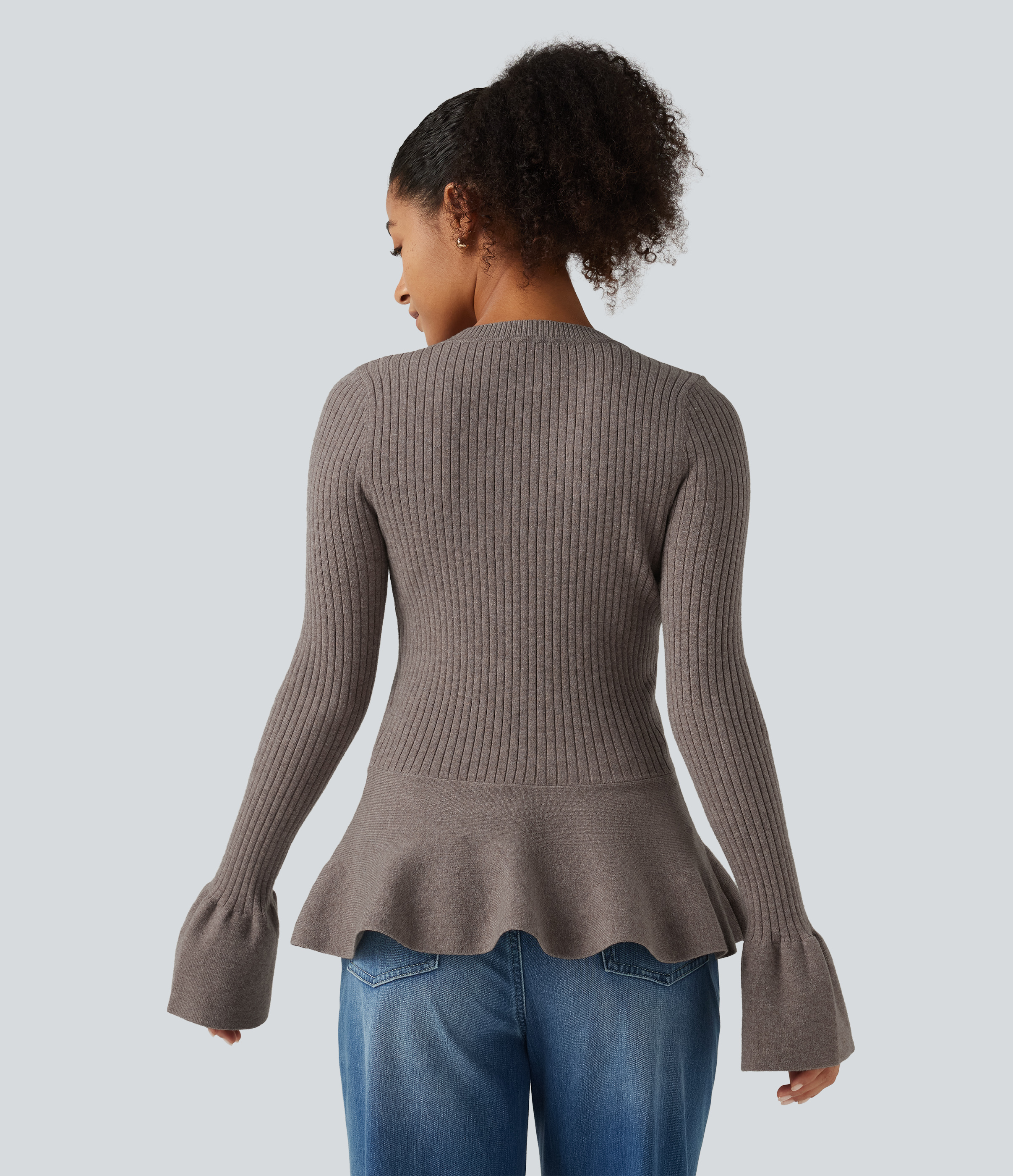 Cinder Round Neck Long Sleeve Ruffle Hem Slim Work Sweater / 2