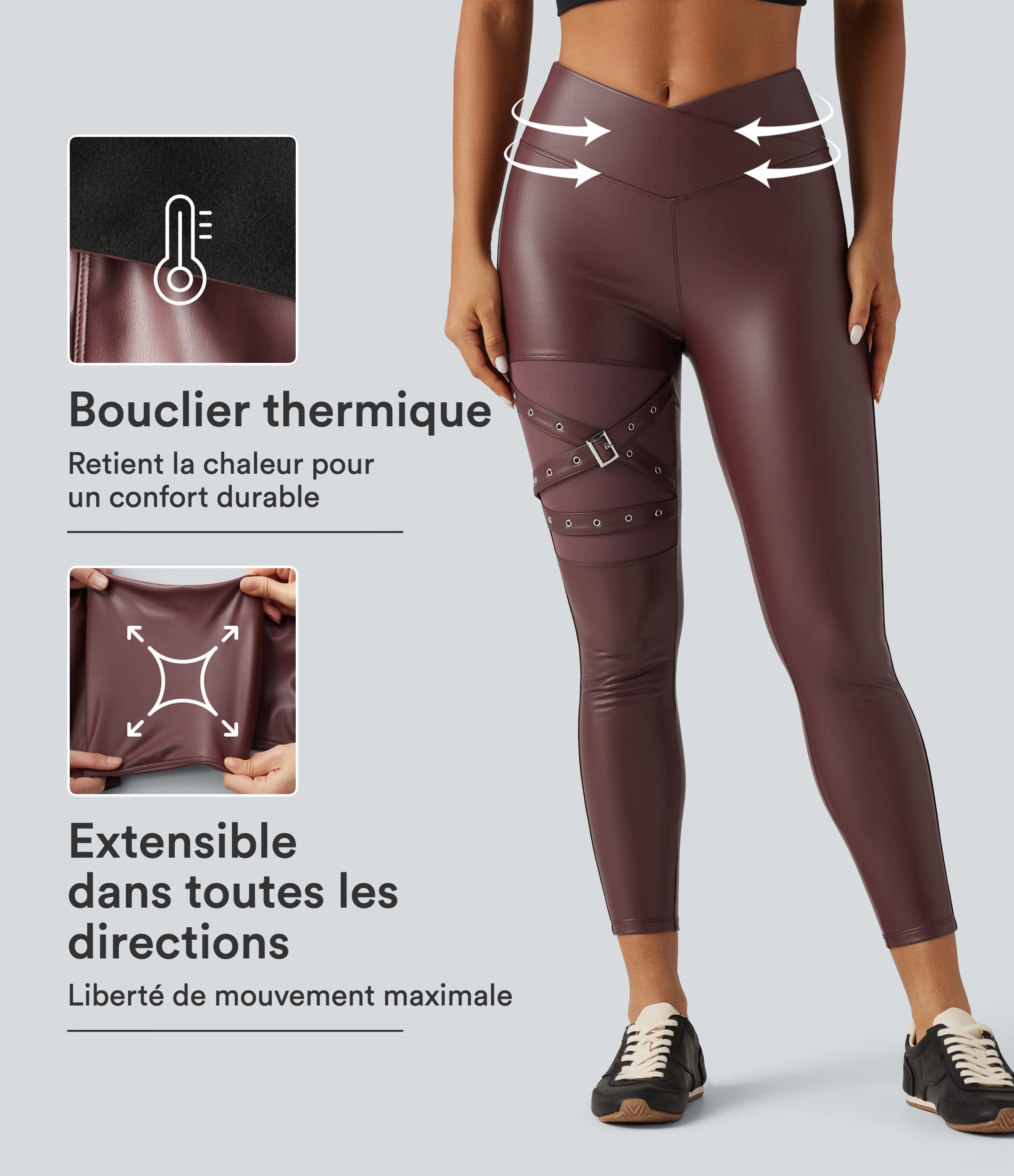 Legging en simili stretch doublé polaire taille haute croisée gainant avec poches