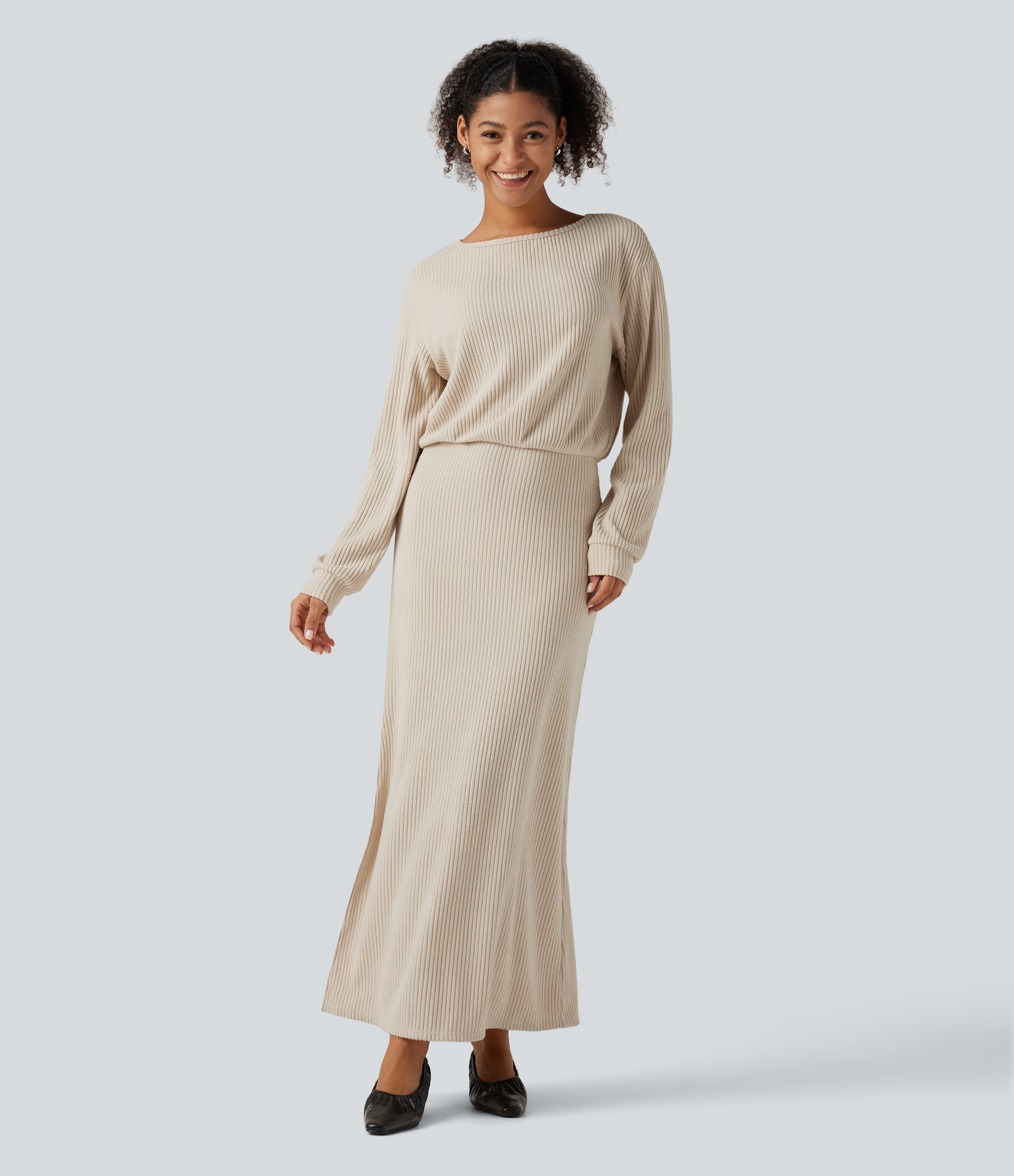 Ribbed Knit Boat Neck Long Sleeve Maxi Casual Dress