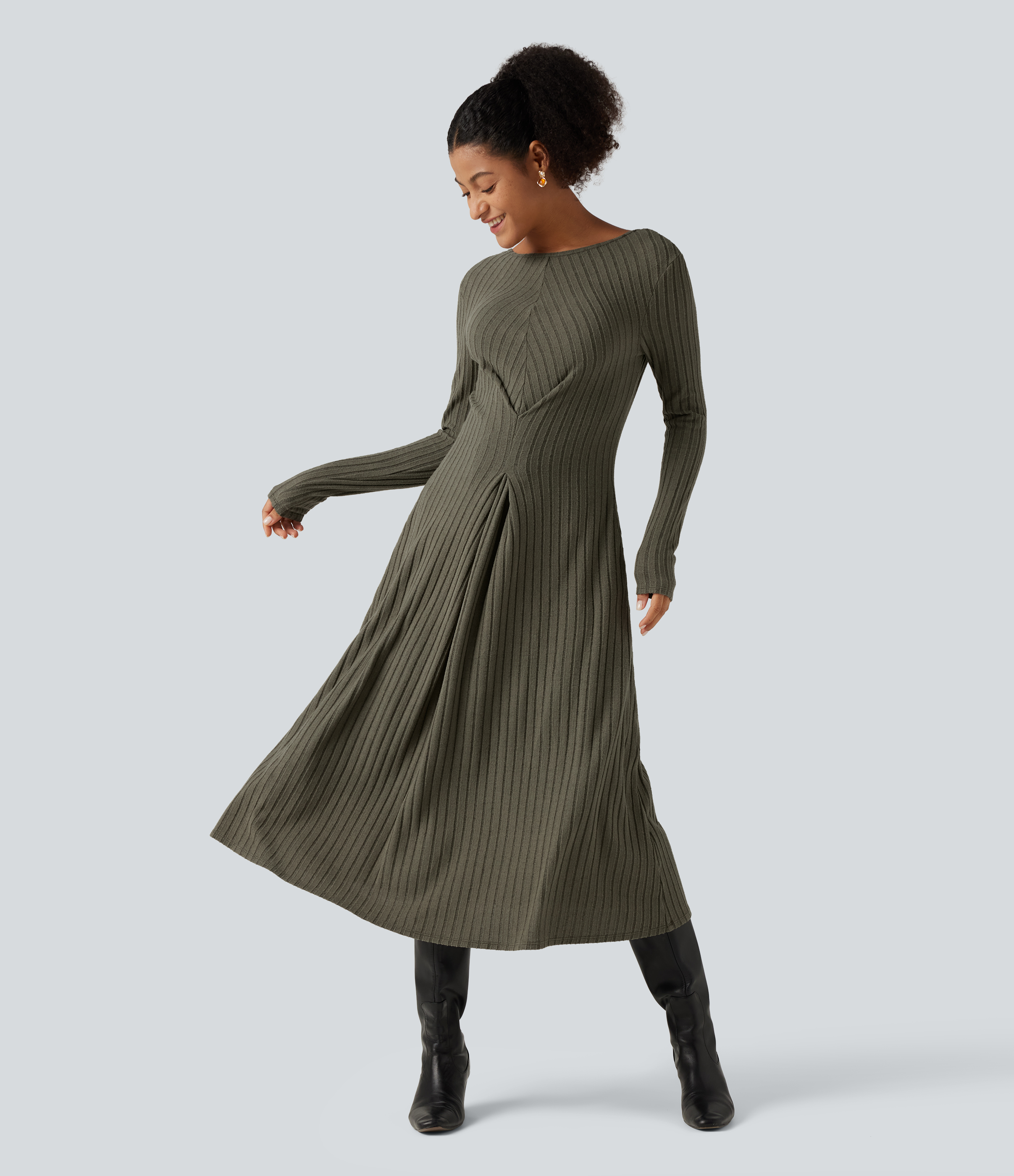 Ribbed Knit Boat Neck Long Sleeve V Back A-line Midi Casual Dress