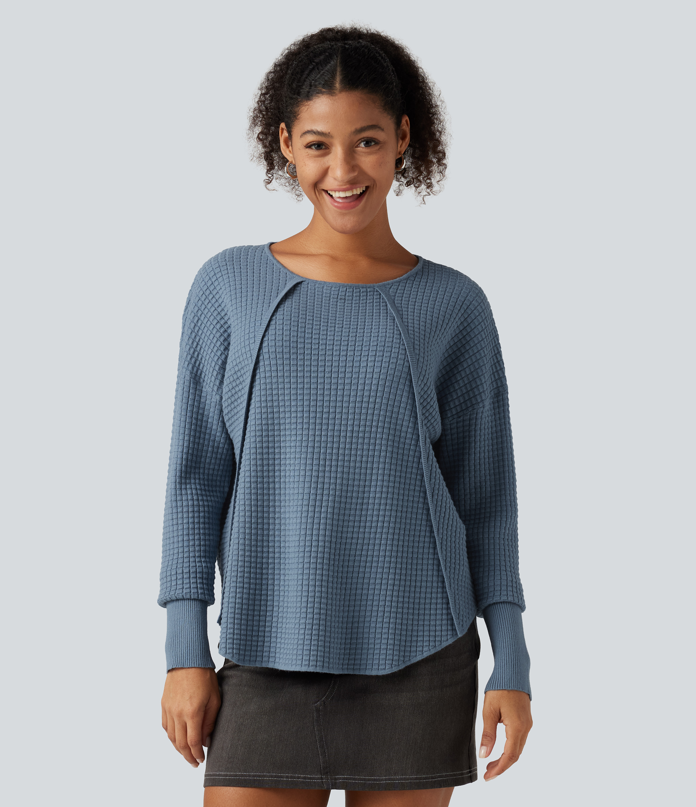 Round Neck Bishop Long Sleeve Curved Hem Casual Sweater