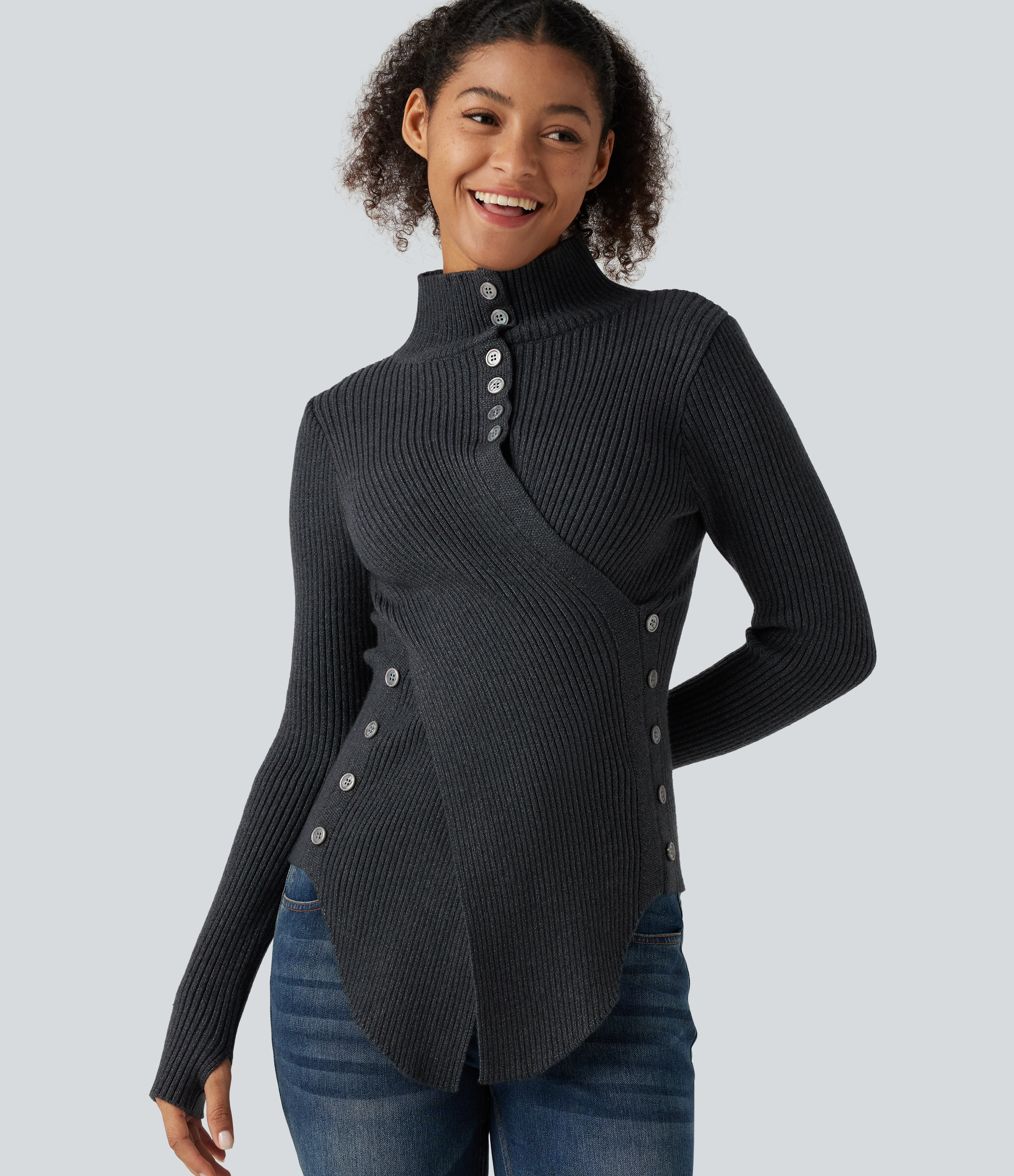 Ribbed Knit High Neck Long Sleeve Thumb Hole Crossover Hem Slim Work Jumper