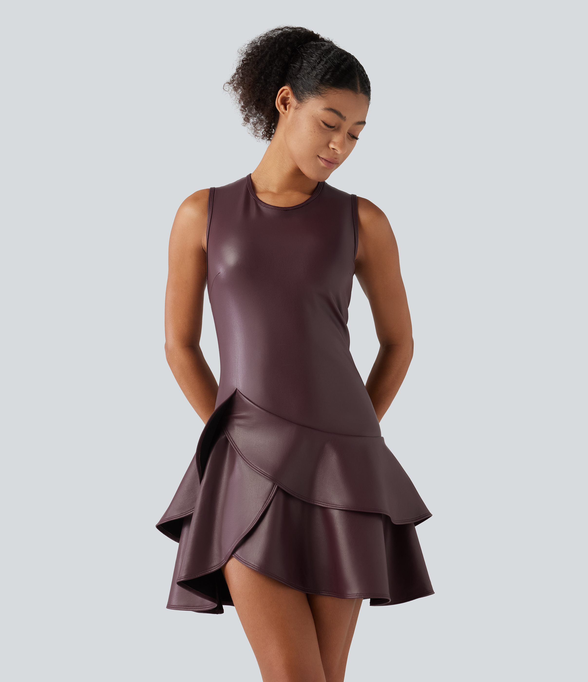 Round Neck Sleeveless Asymmetric Ruffle Hem A Line Mini Fleece Casual PU Leather Dress