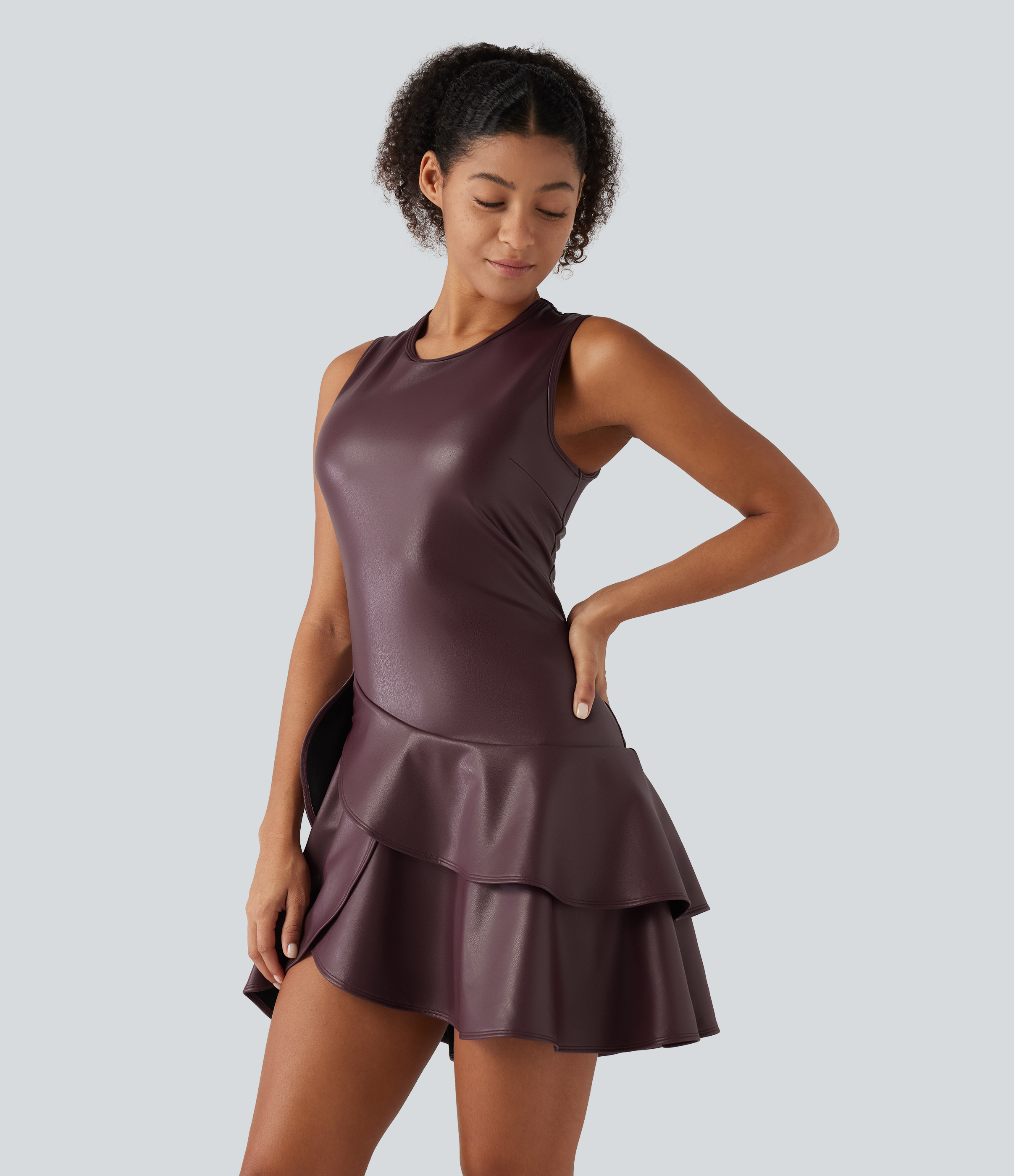 Round Neck Sleeveless Asymmetric Ruffle Hem A Line Mini Fleece Casual PU Leather Dress