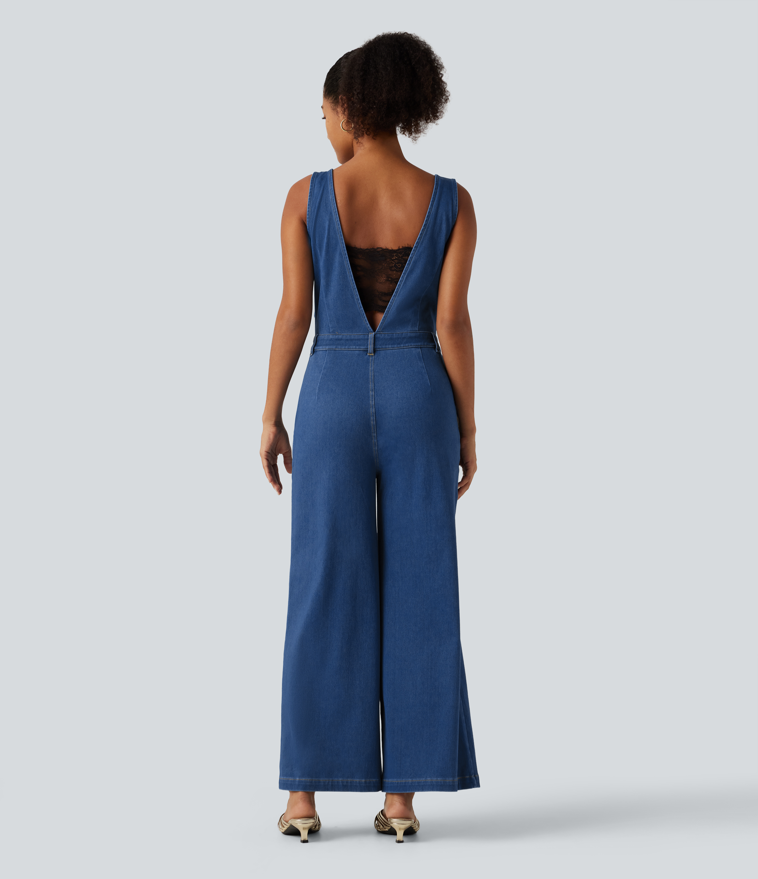Vallarta Blue Denim Halara Flex™ V Neck Wide Leg Denim Casual Jumpsuit with Pockets / 2