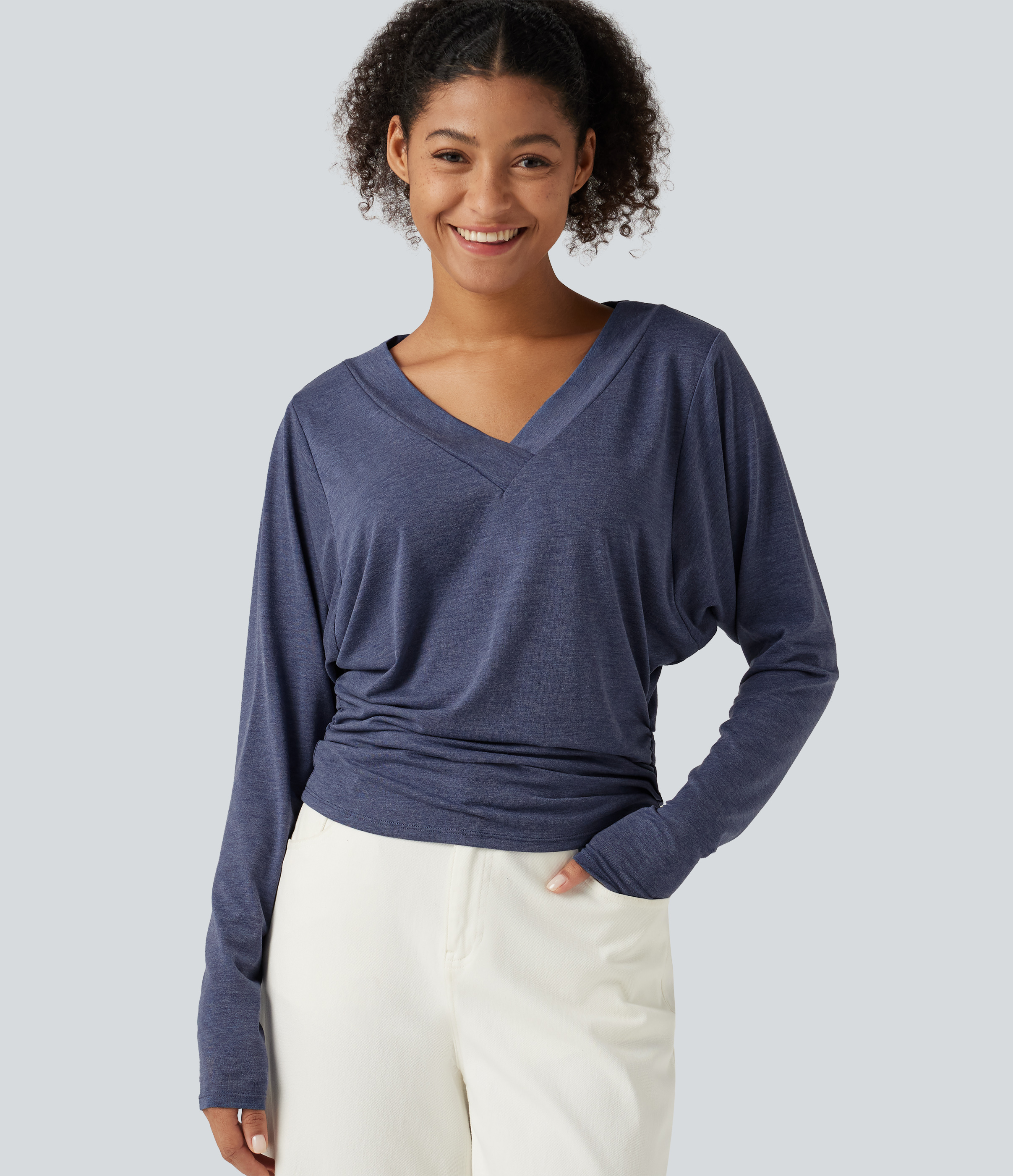 V Neck Batwing Long Sleeve Ruched Casual Top