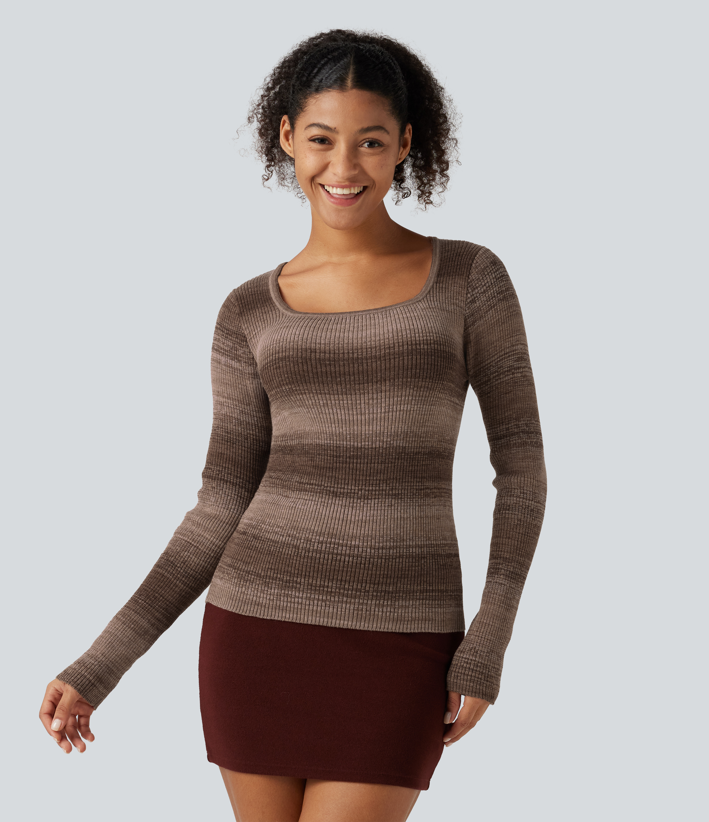 Square Neck Long Sleeve Gradient Stirpe Casual Sweater