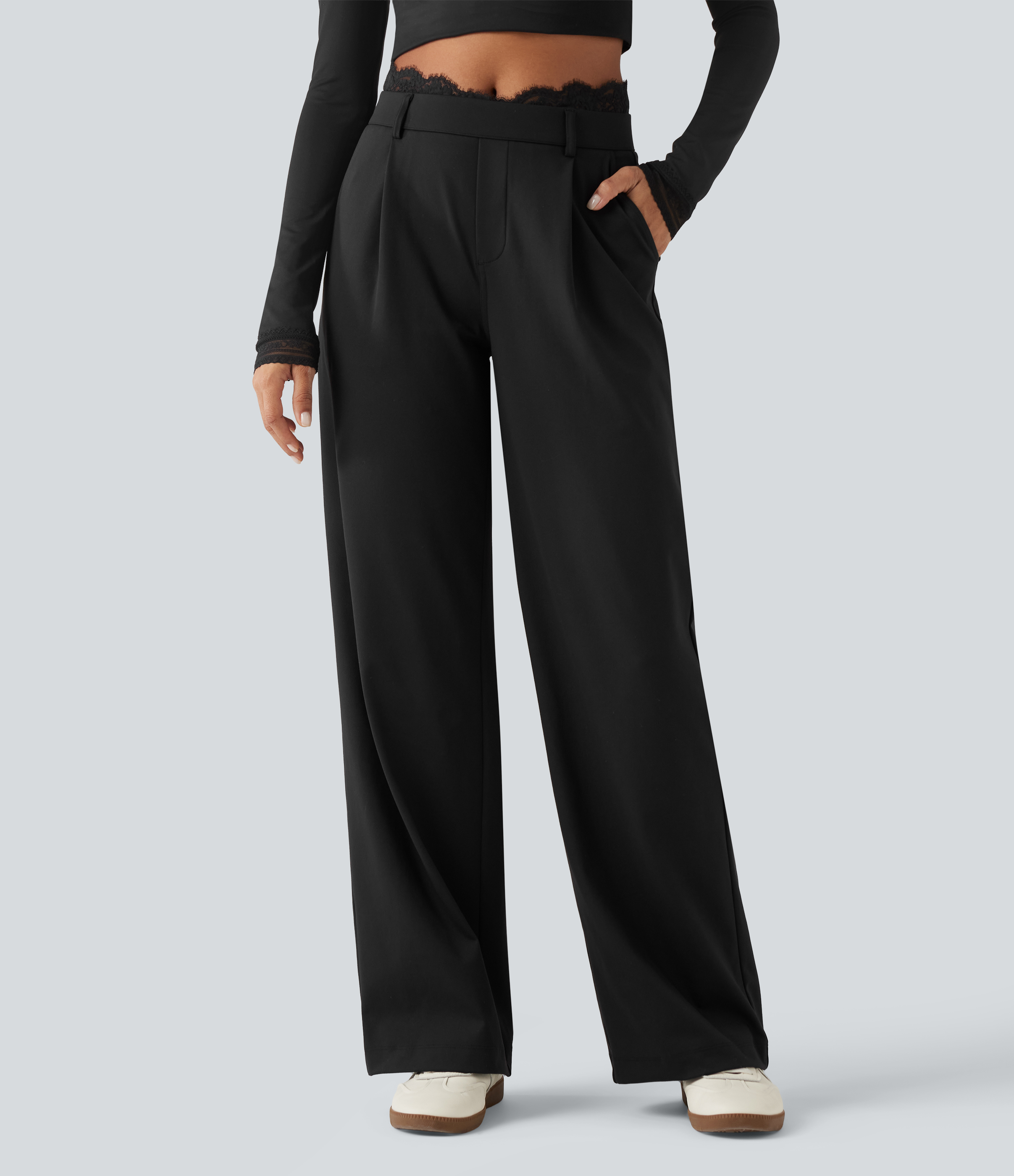 Halara Flex™ High Waisted Contrast Lace Straight Leg Work Pants with Pockets