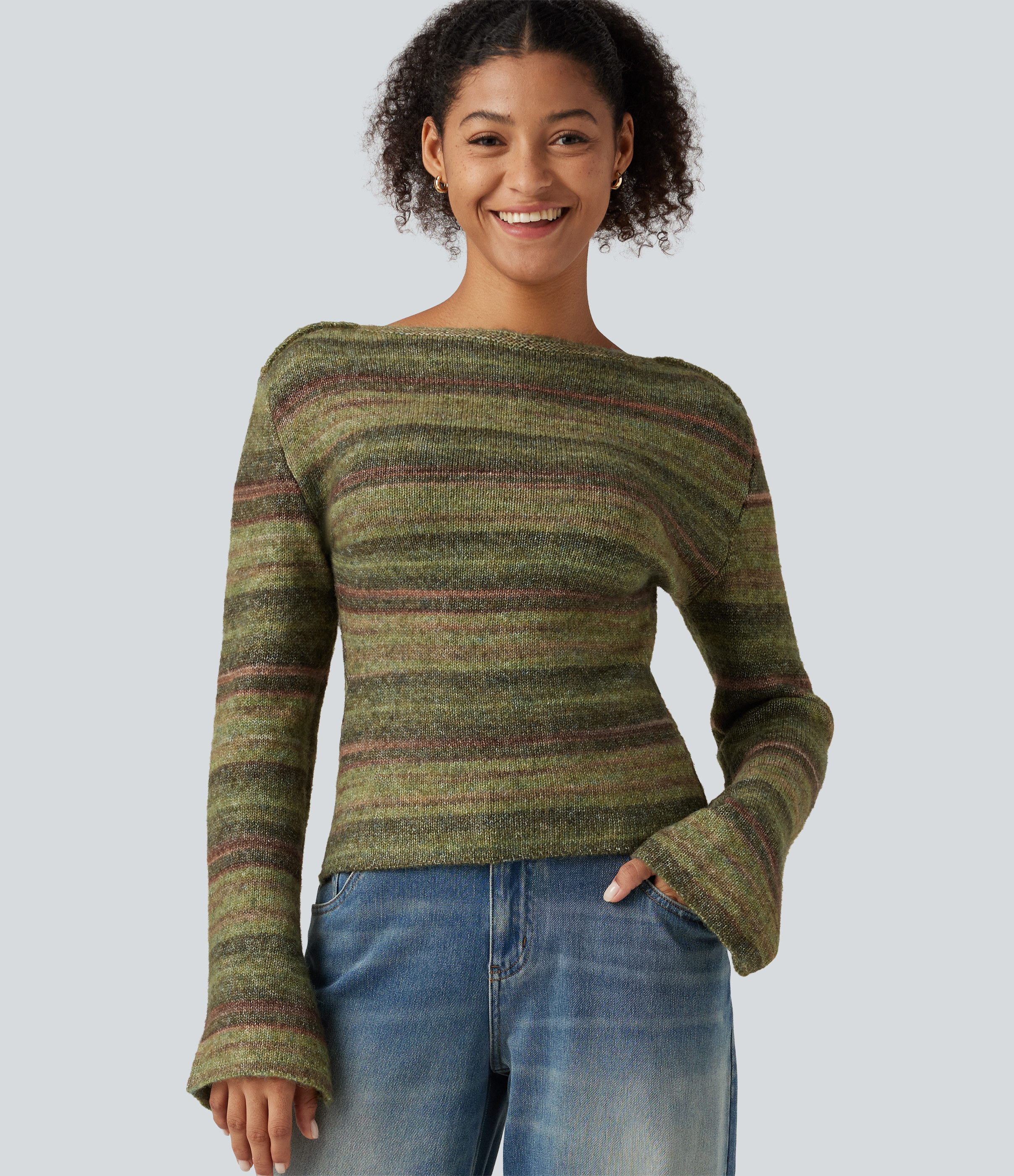 Botanical Blend Pull oversize rayé en dégradé à encolure bateau et manches longues évasées / 1