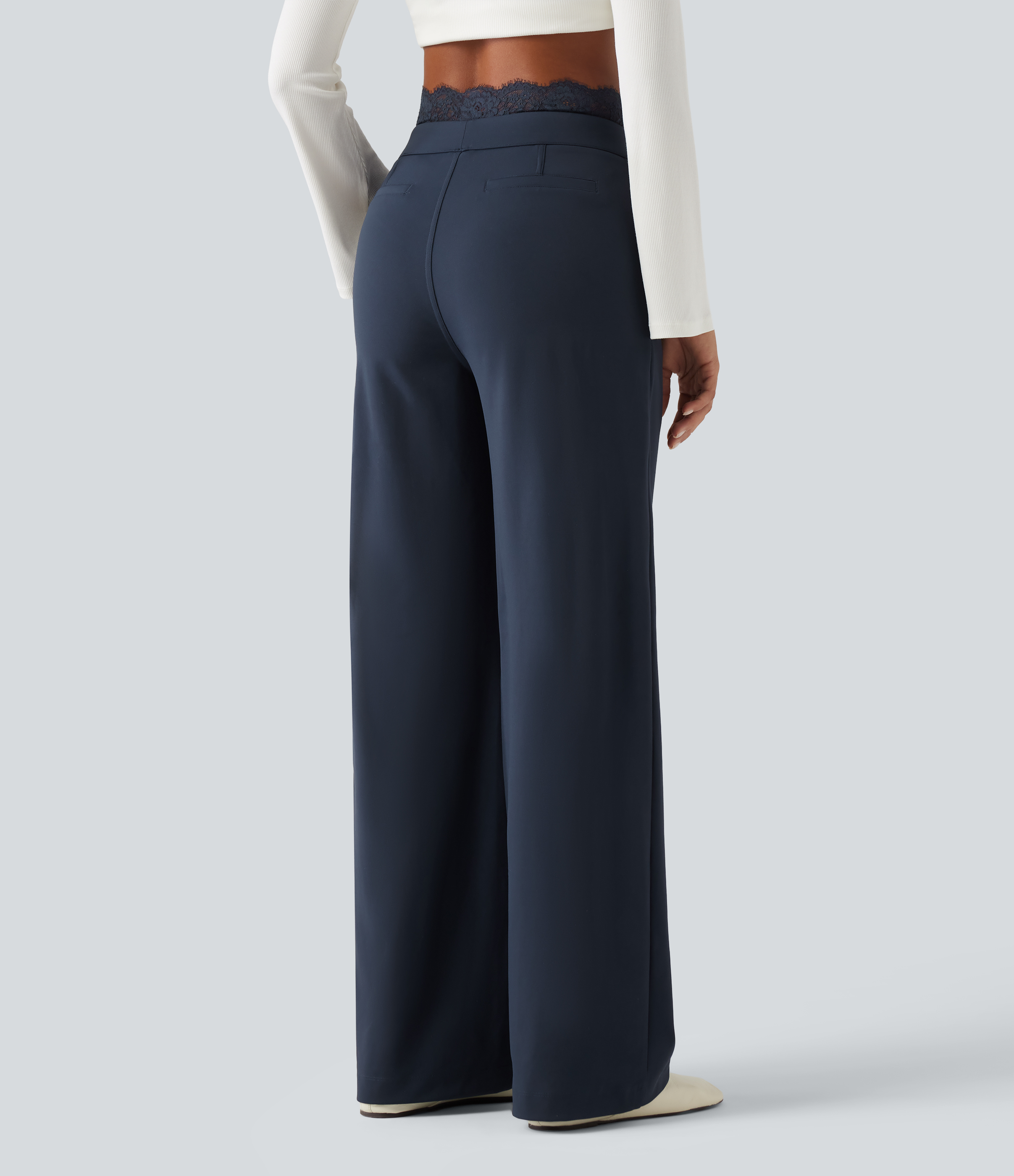 Midnight Blue Halara Flex™ High Waisted Contrast Lace Straight Leg Work Pants with Pockets / 2