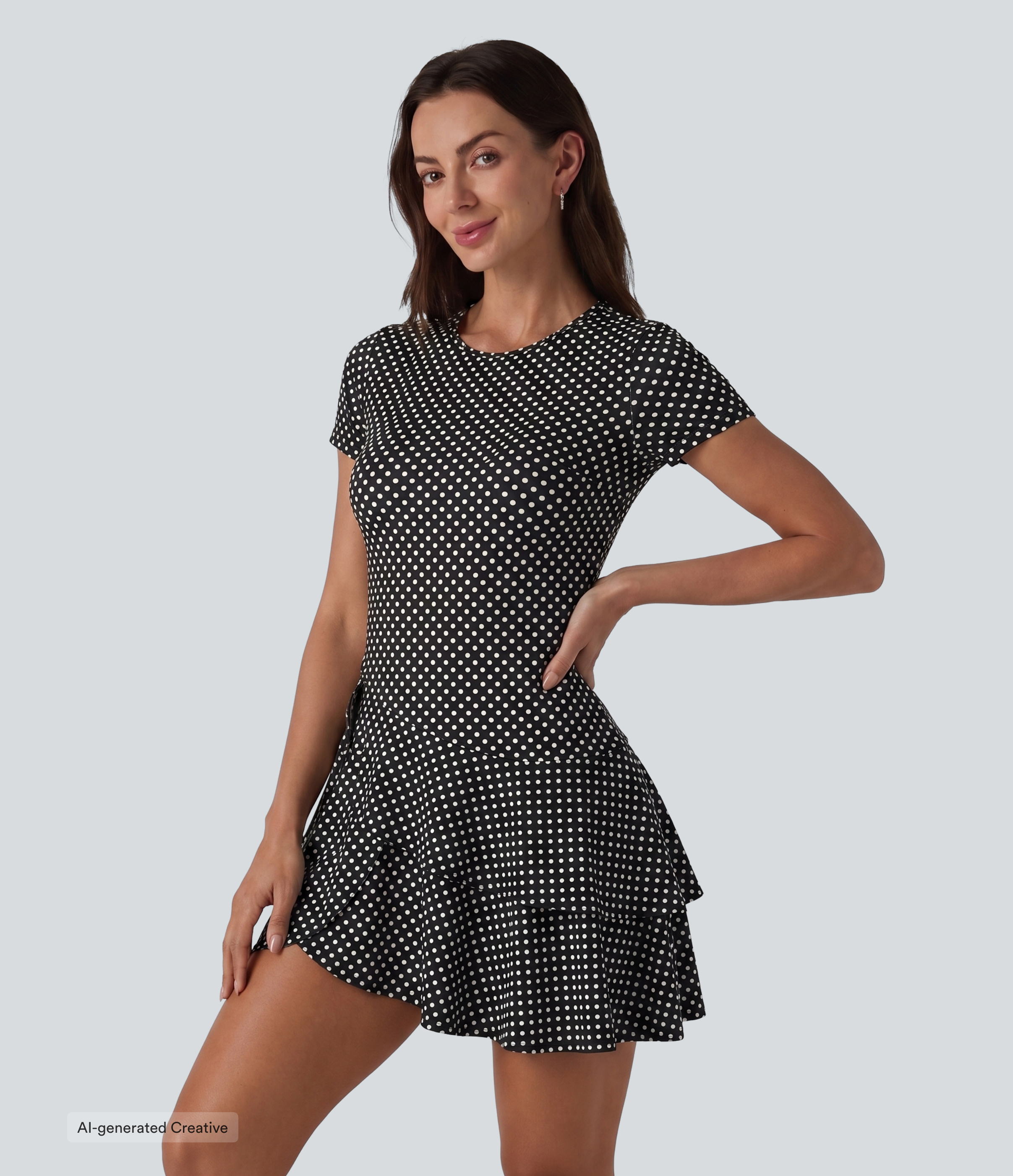 Round Neck Short Sleeve Layered Ruffle Hem Polka Dot Mini Casual Dress