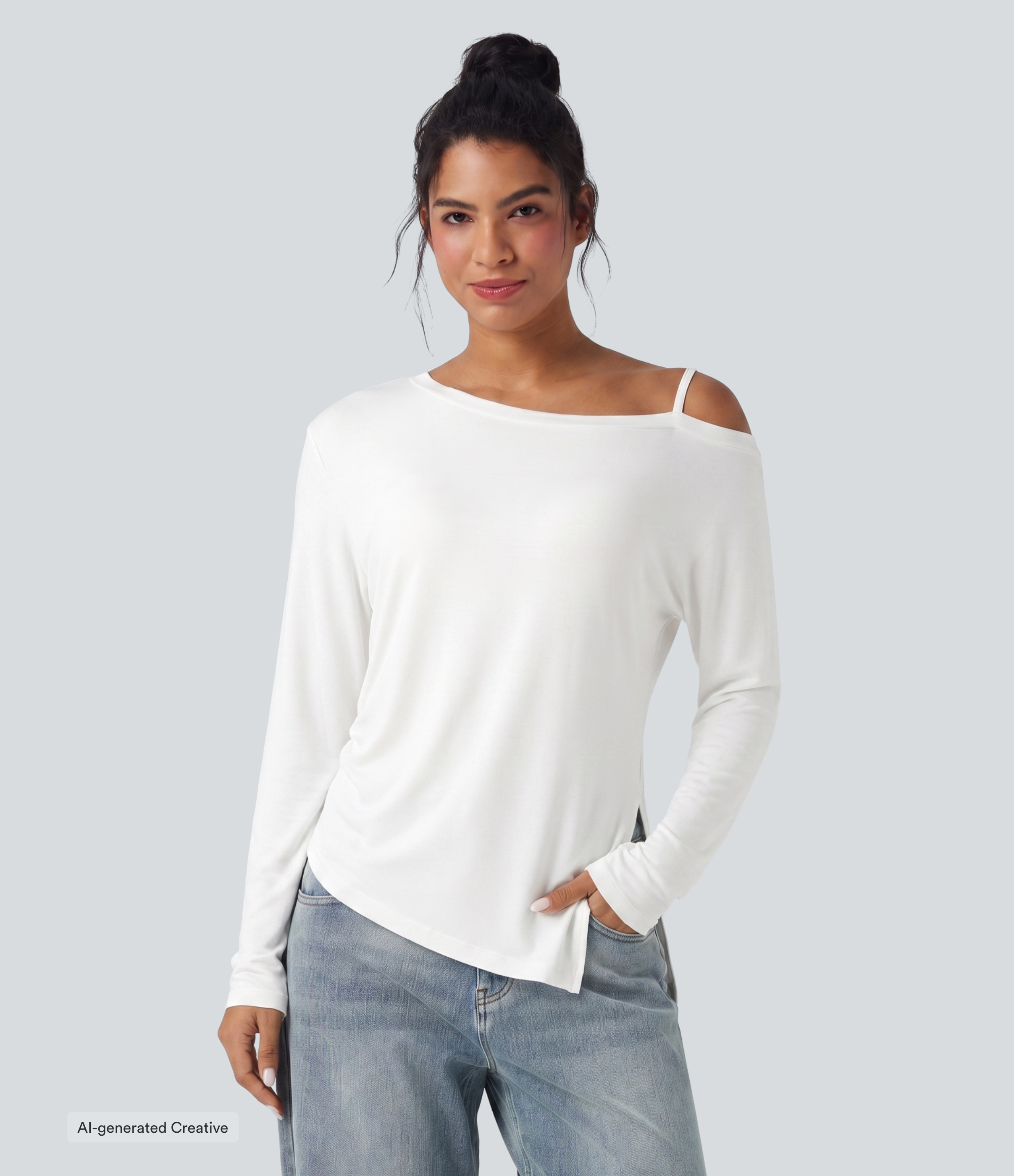 Ribbed One Shoulder Long Sleeve Asymmetric Hem Casual T-Shirt