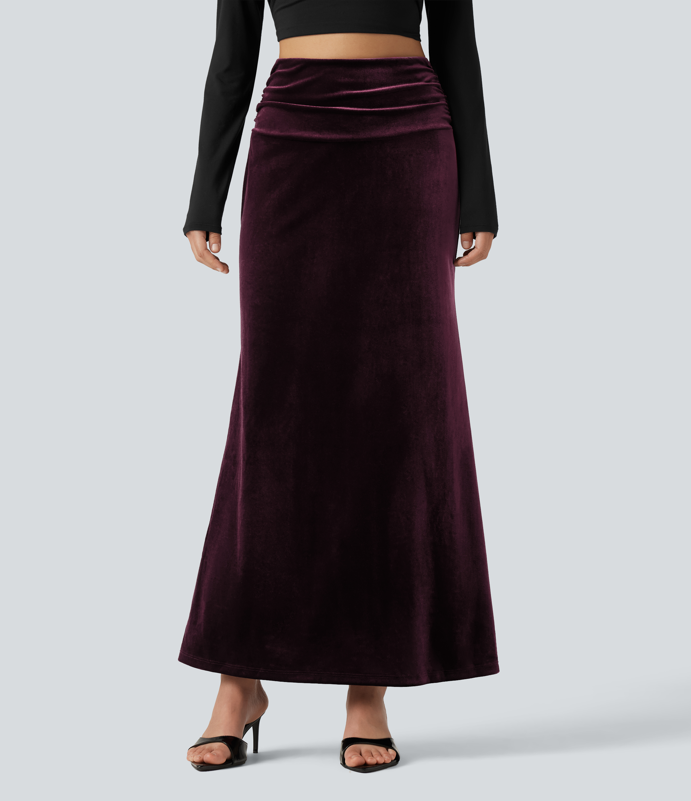 High Waisted Tummy Control Ruched Velvet Maxi Mermaid Skirt