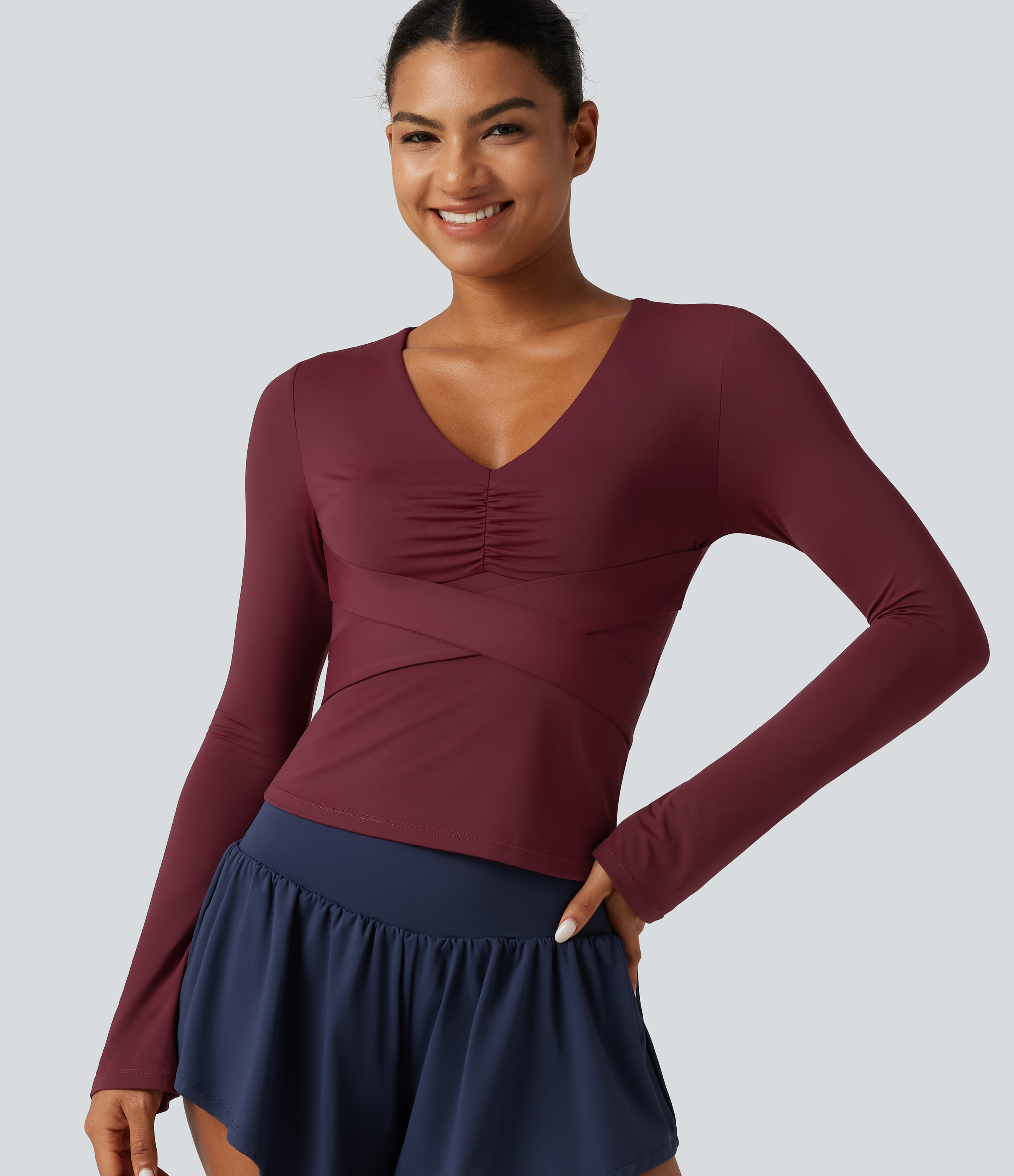 V Neck Long Sleeve Ruched Tie Back InstantCool Yoga Sports Top-UPF50+