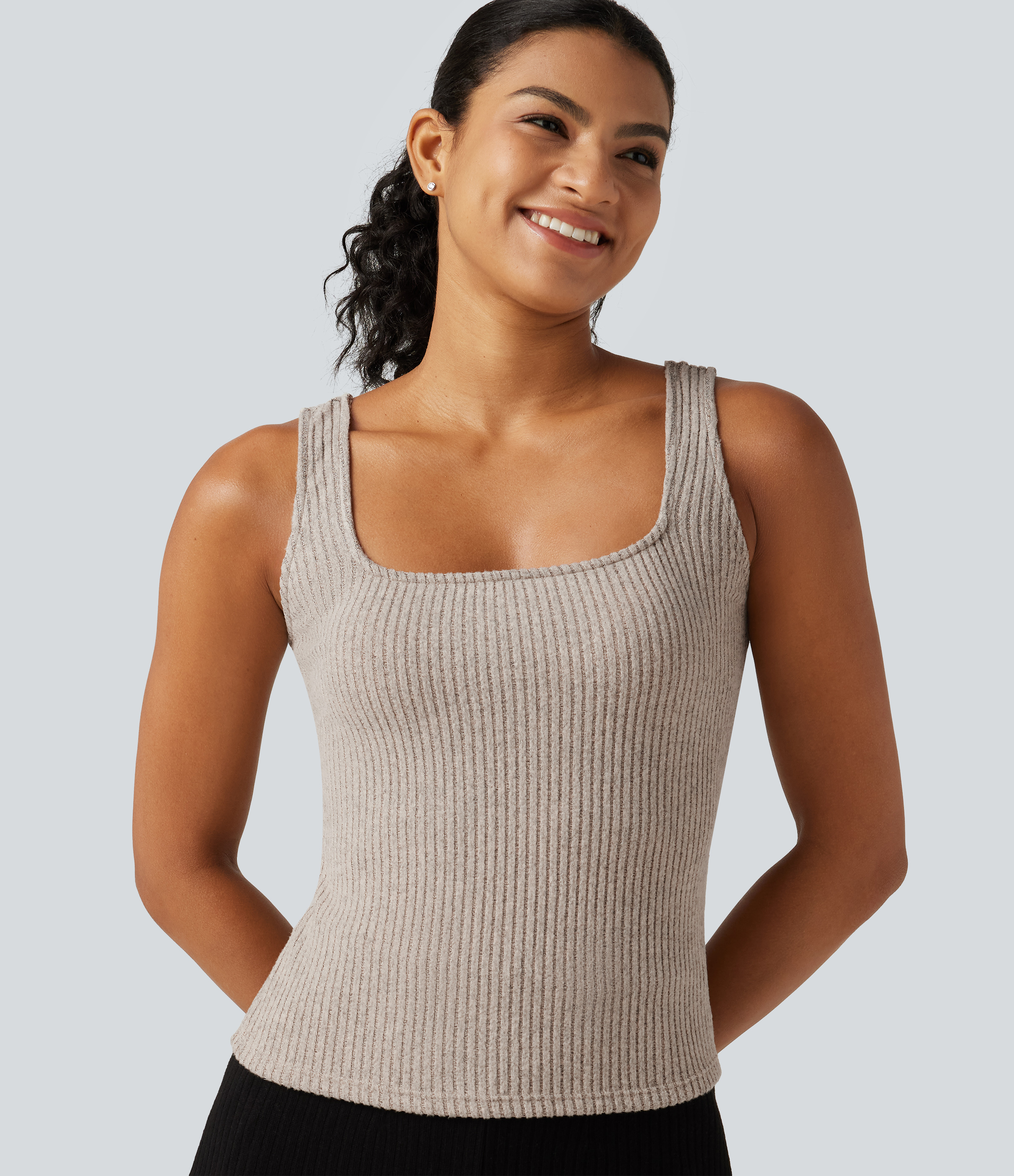 Ribbed Knit Square Neck Casual Tank Top