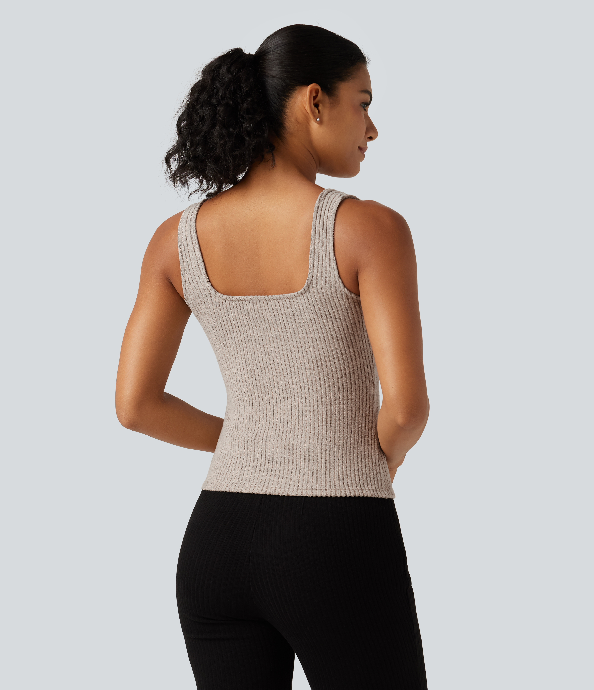 Smoked Olive Casual geribbelde, gebreide tanktop met een vierkante hals / 2