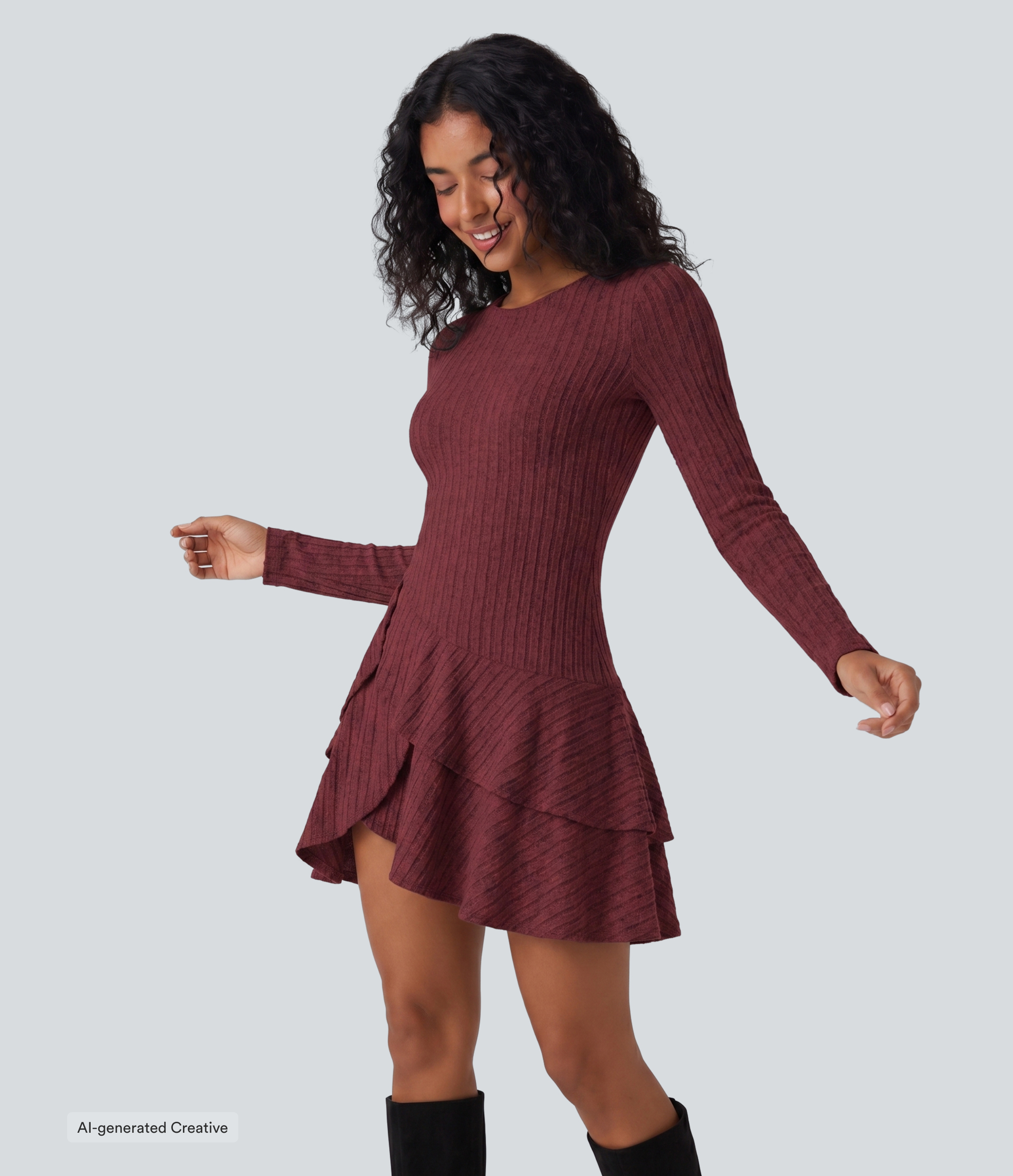Ribbed Knit Round Neck Long Sleeve Layered Ruffle Hem Mini Casual Dress