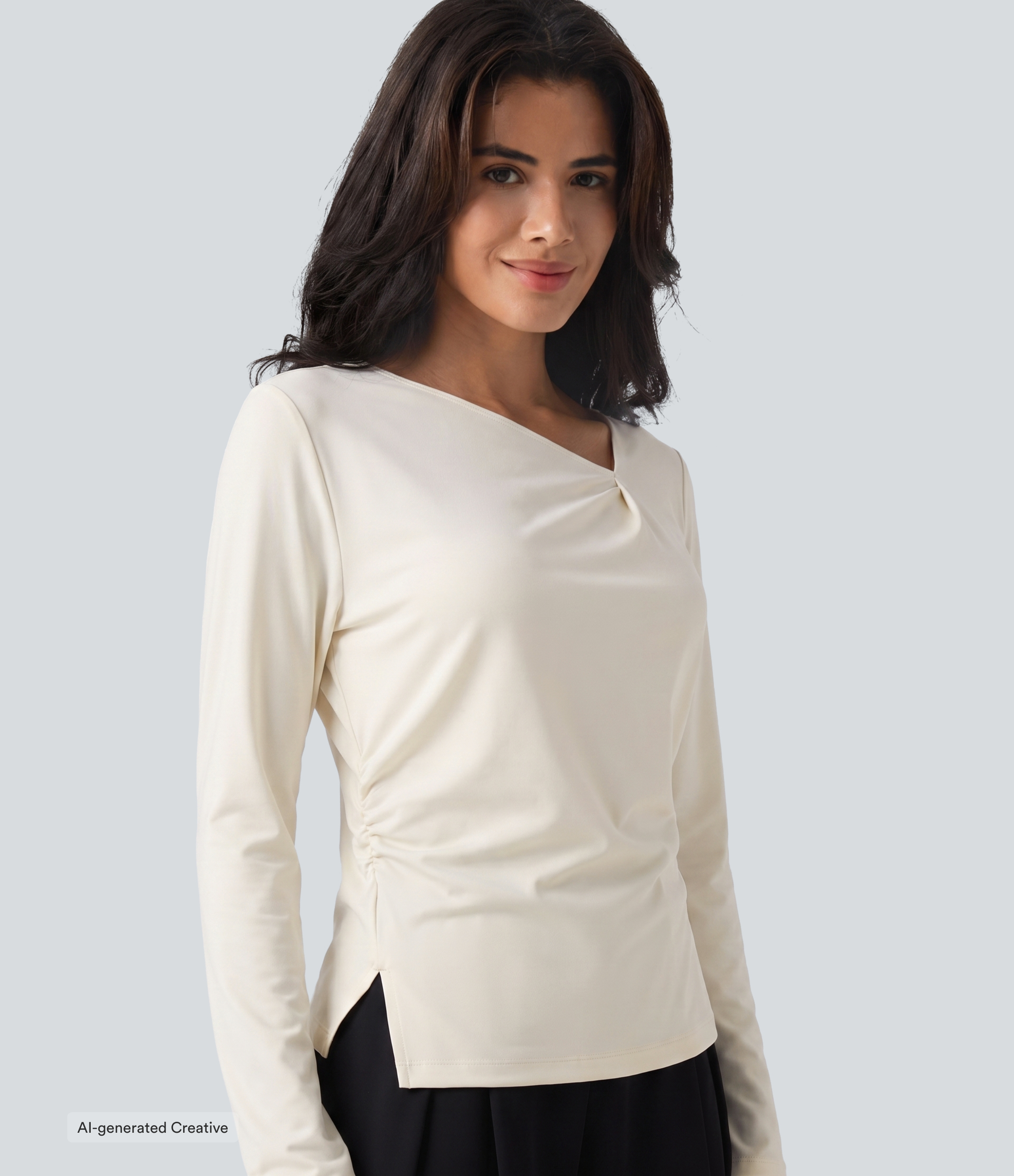 Asymmetric Cowl Neck Long Sleeve Ruched Slit Hem Work Blouse