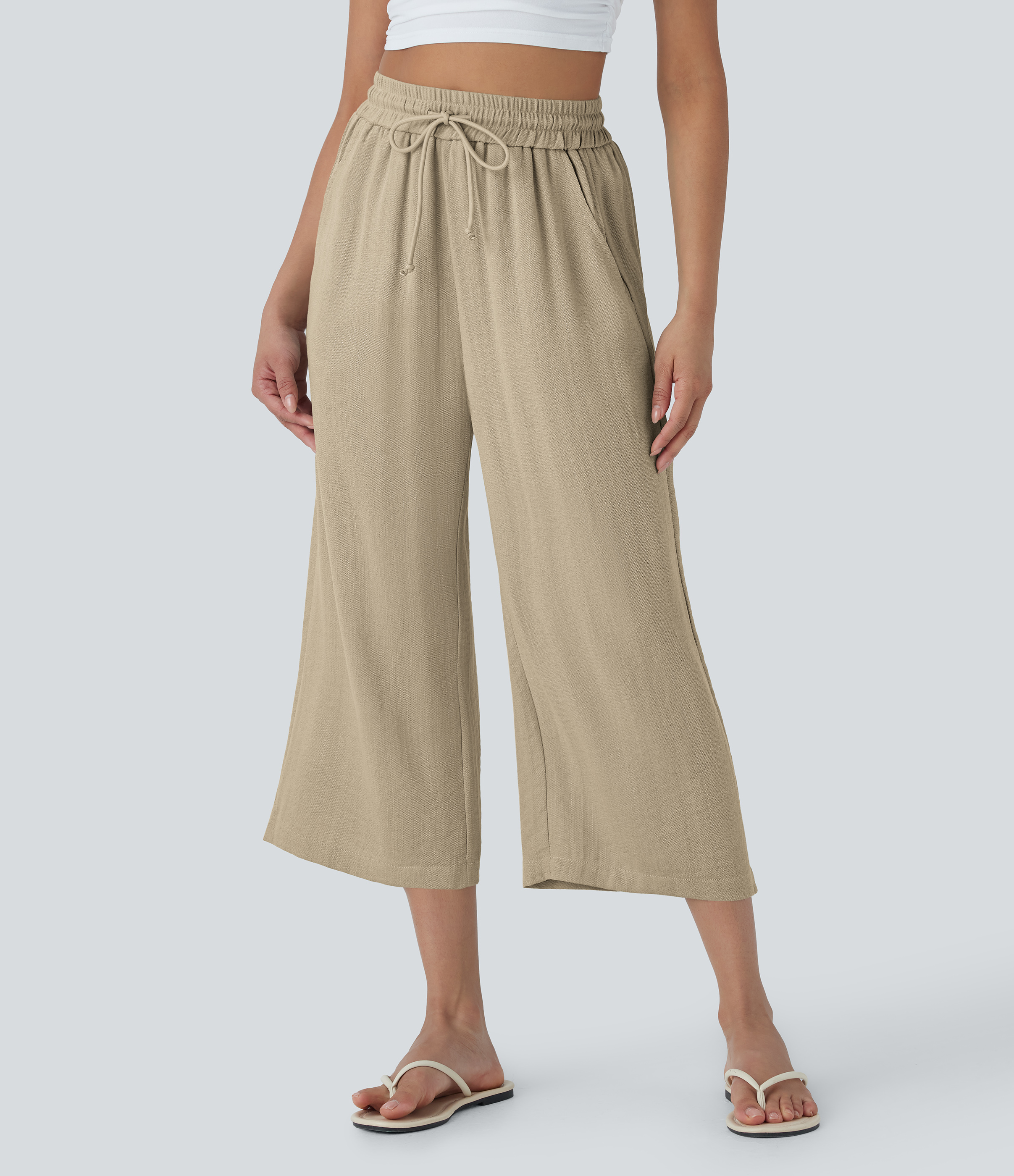 High Waisted Drawstring Wide Leg Cropped Casual Linen-Feel Pants with Pockets
